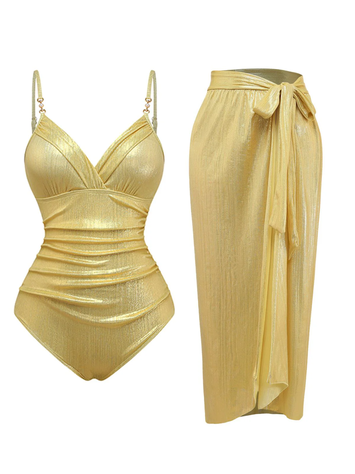 Gold 1980s Ruched One-Piece Swimsuit & Cover Up - Image 2