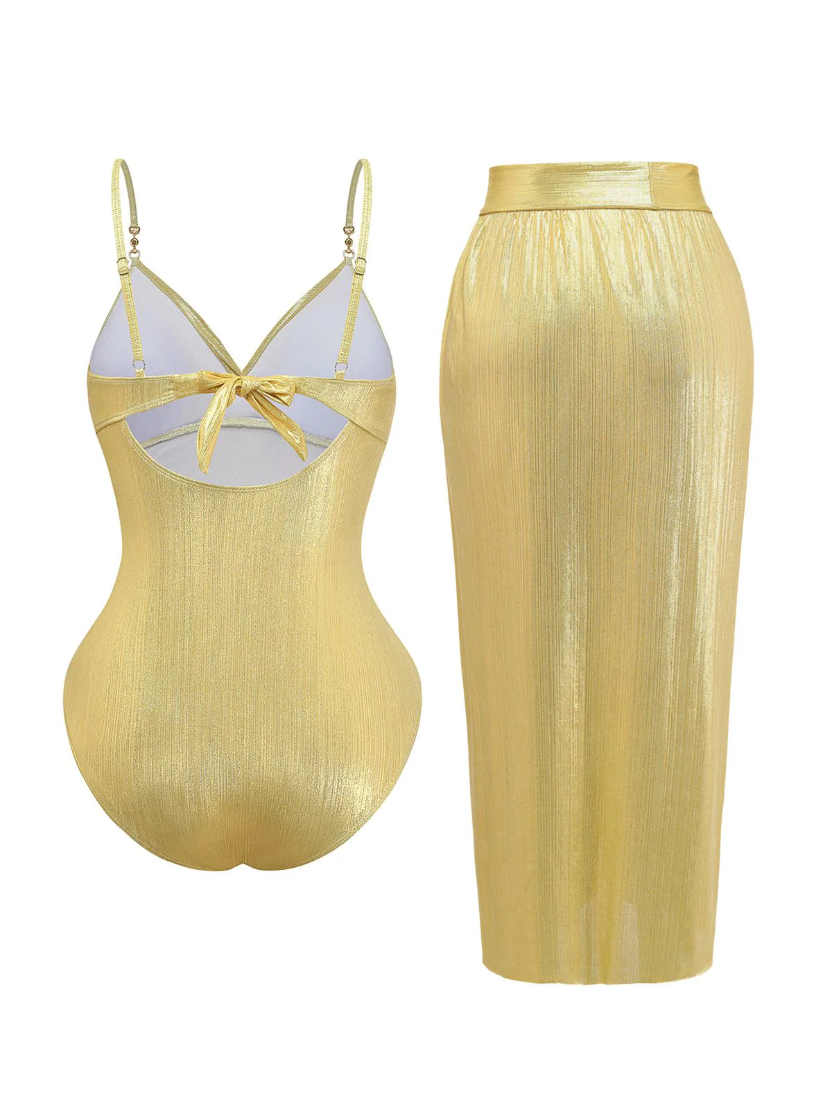 Gold 1980s Ruched One-Piece Swimsuit & Cover Up - Image 3