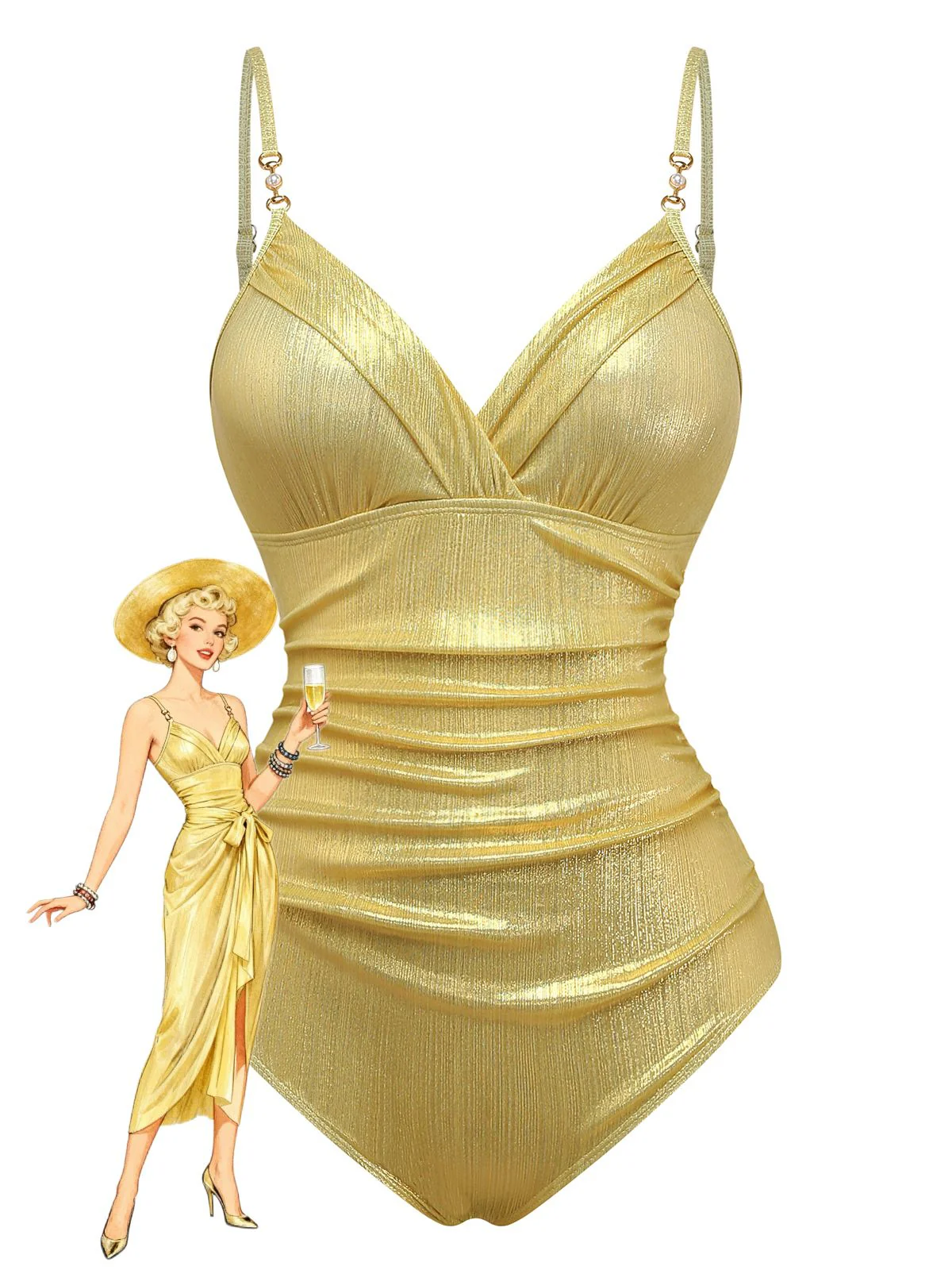 Gold 1980s Ruched Pearl Straps One-Piece Swimsuit - Image 2