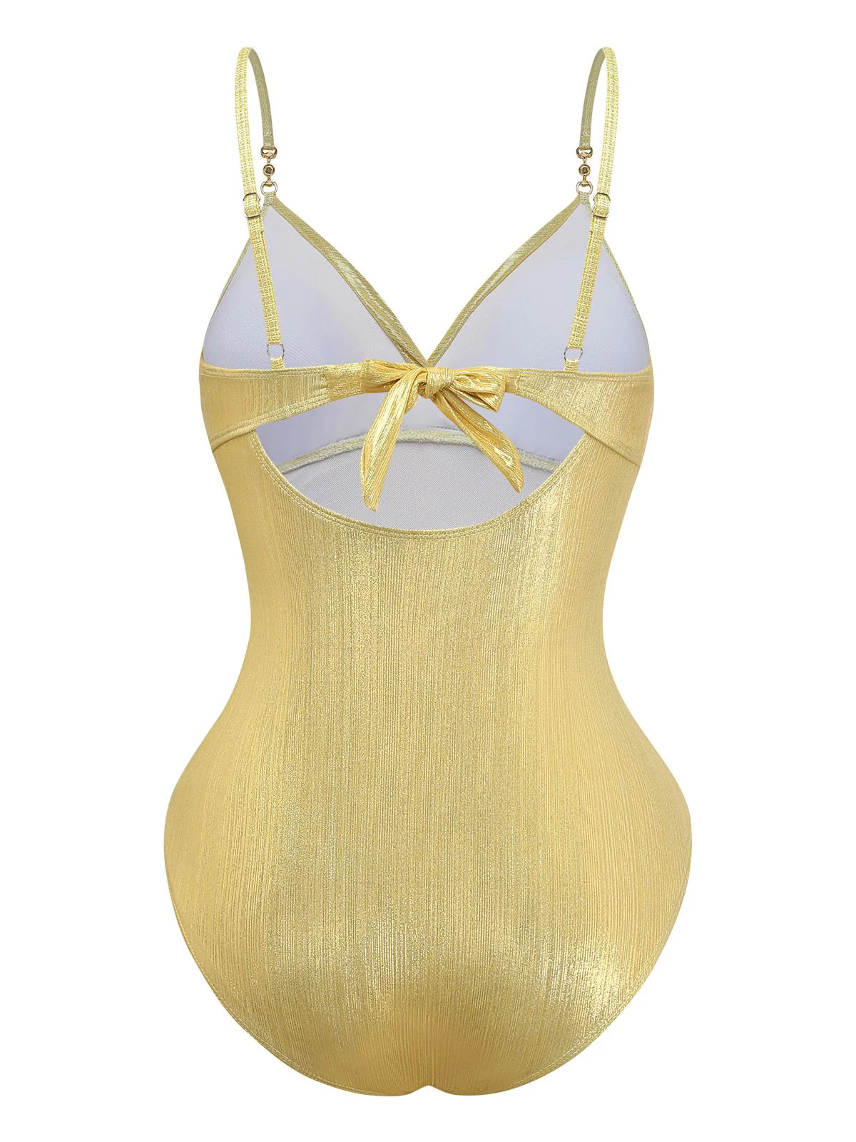 Gold 1980s Ruched Pearl Straps One-Piece Swimsuit - Image 3