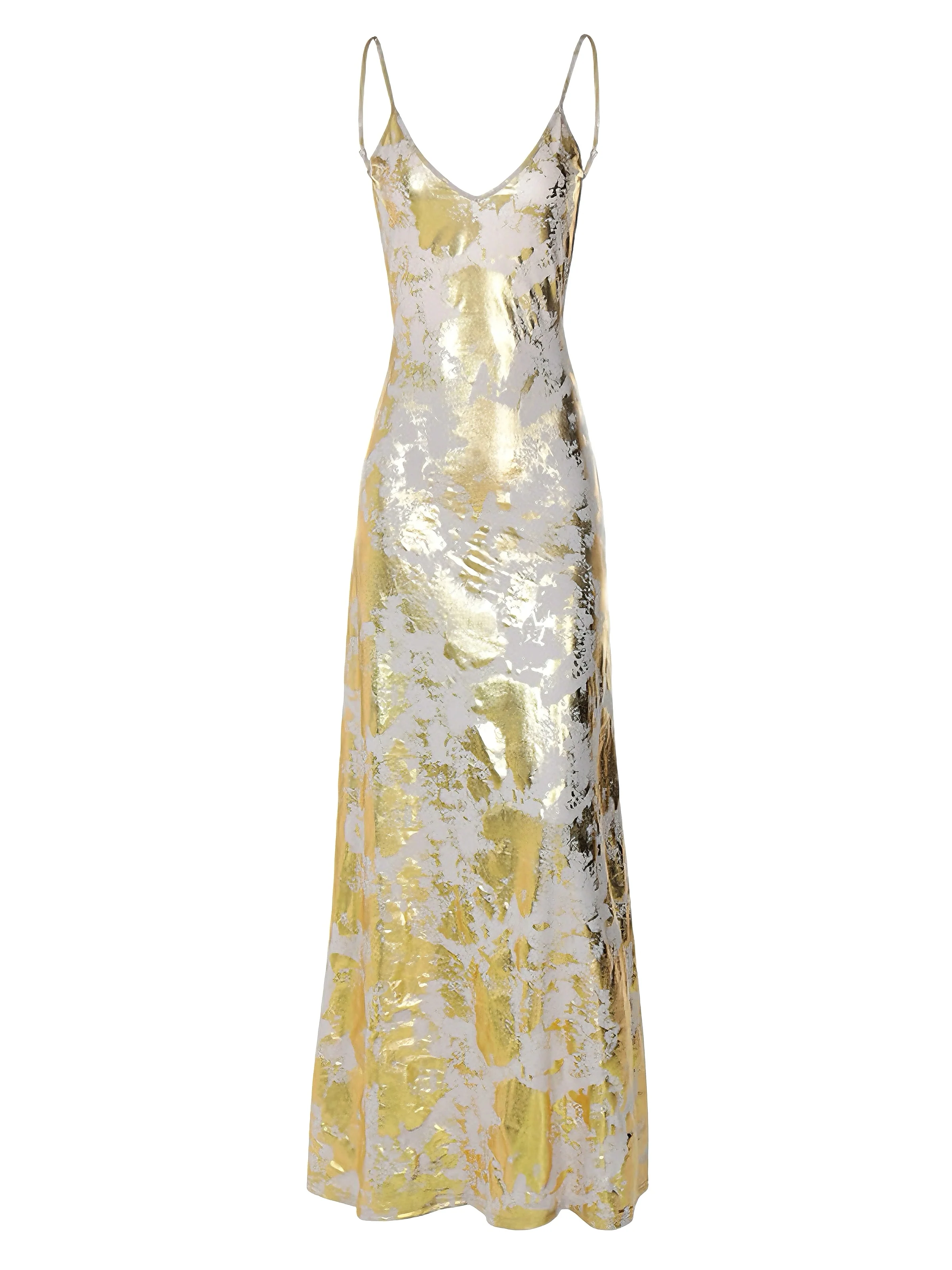 Gold 1980s Spaghetti Strap V-Neck Foil Print dress - Image 2