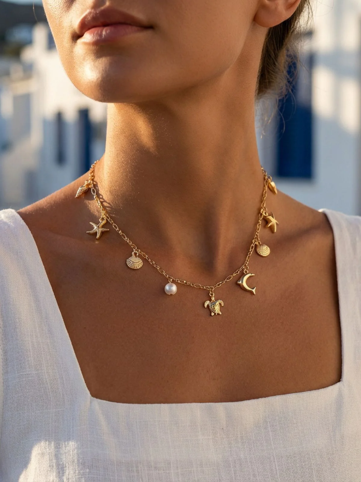 Gold Bohemian Shell Starfish Pearl Layered Necklace - Image 3