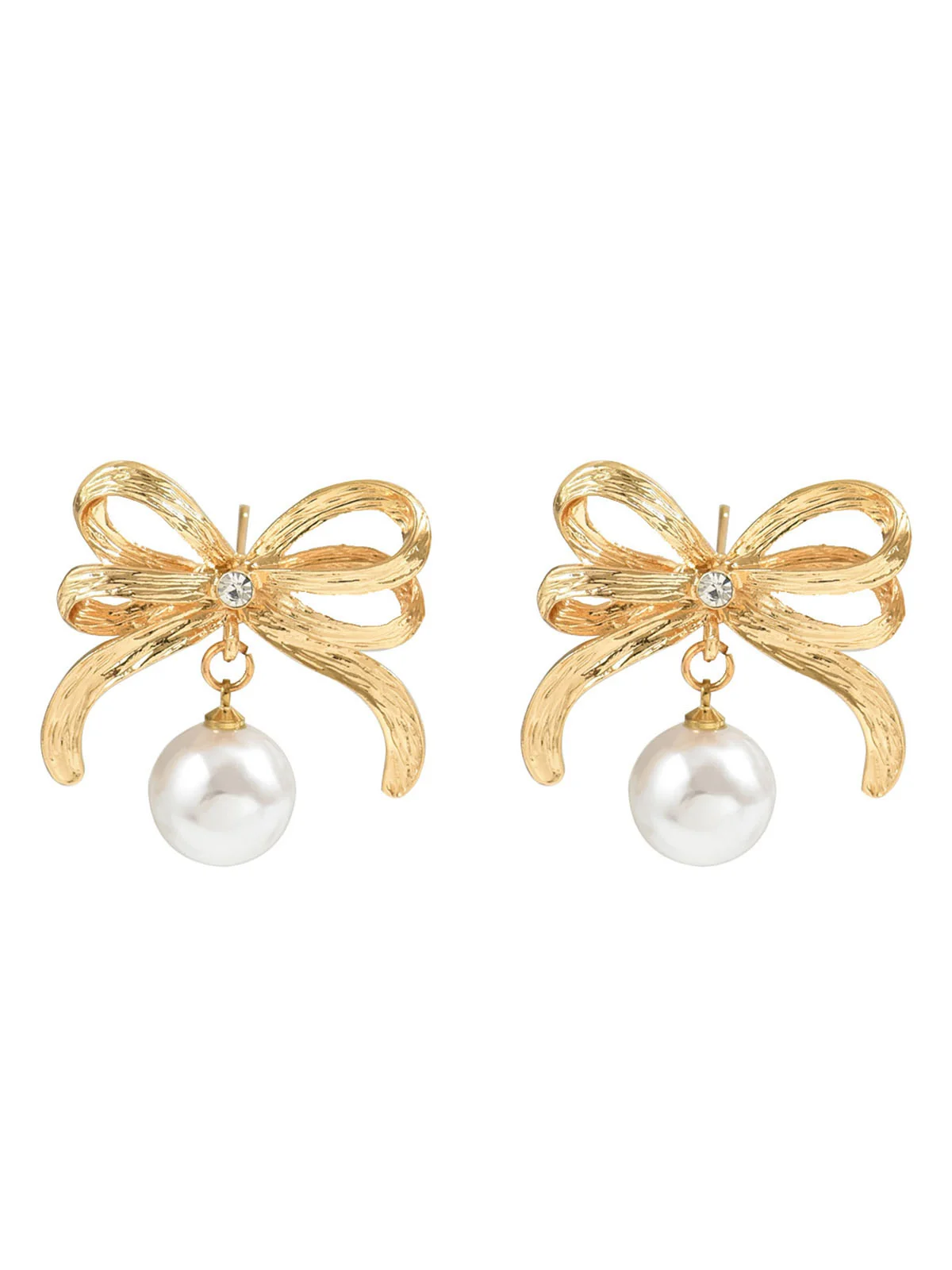 Gold Bowknot Pearl Alloy Drop Earrings - Image 2