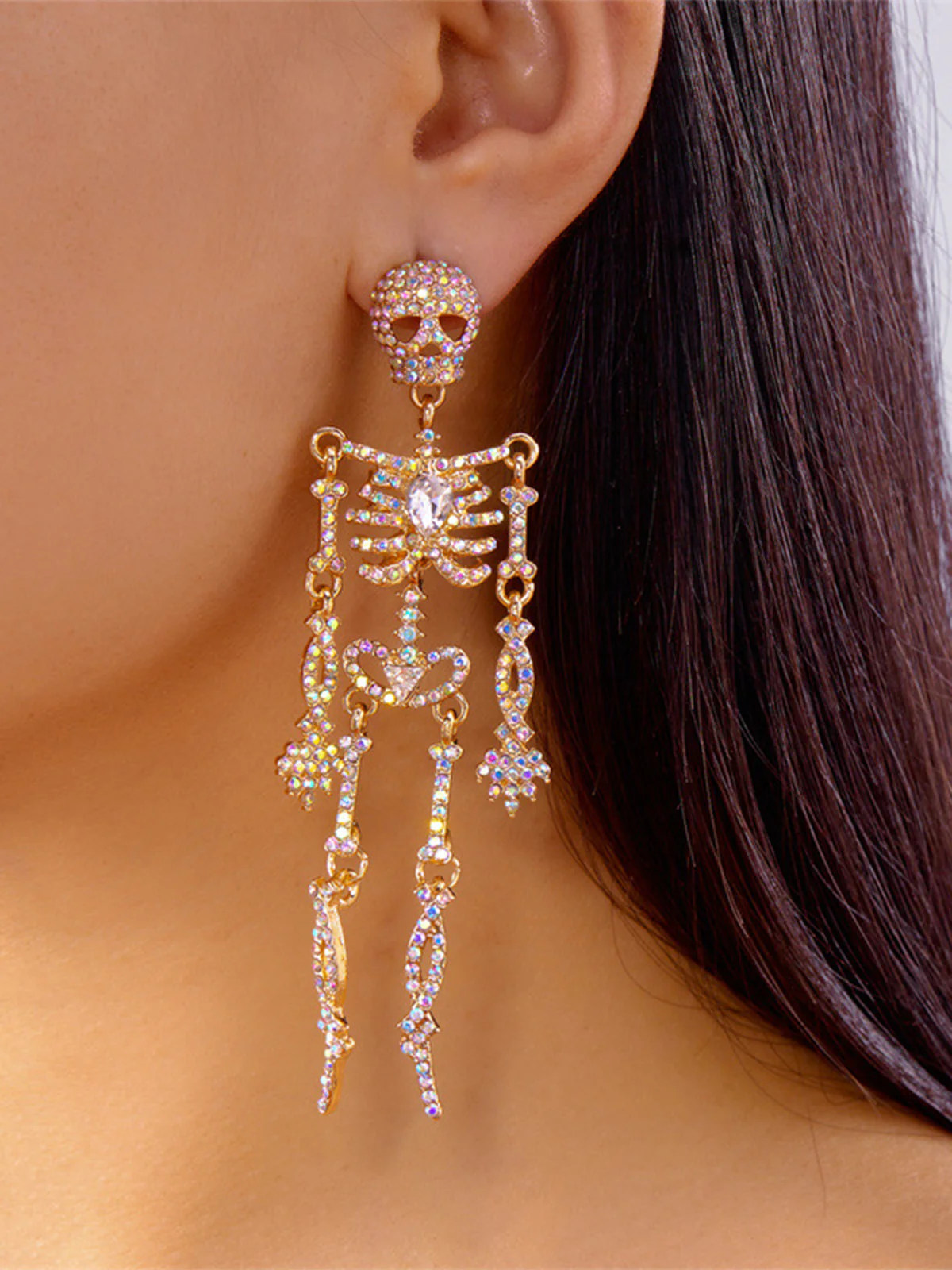 Gold Crystal Skeleton Drop Earrings - Image 2