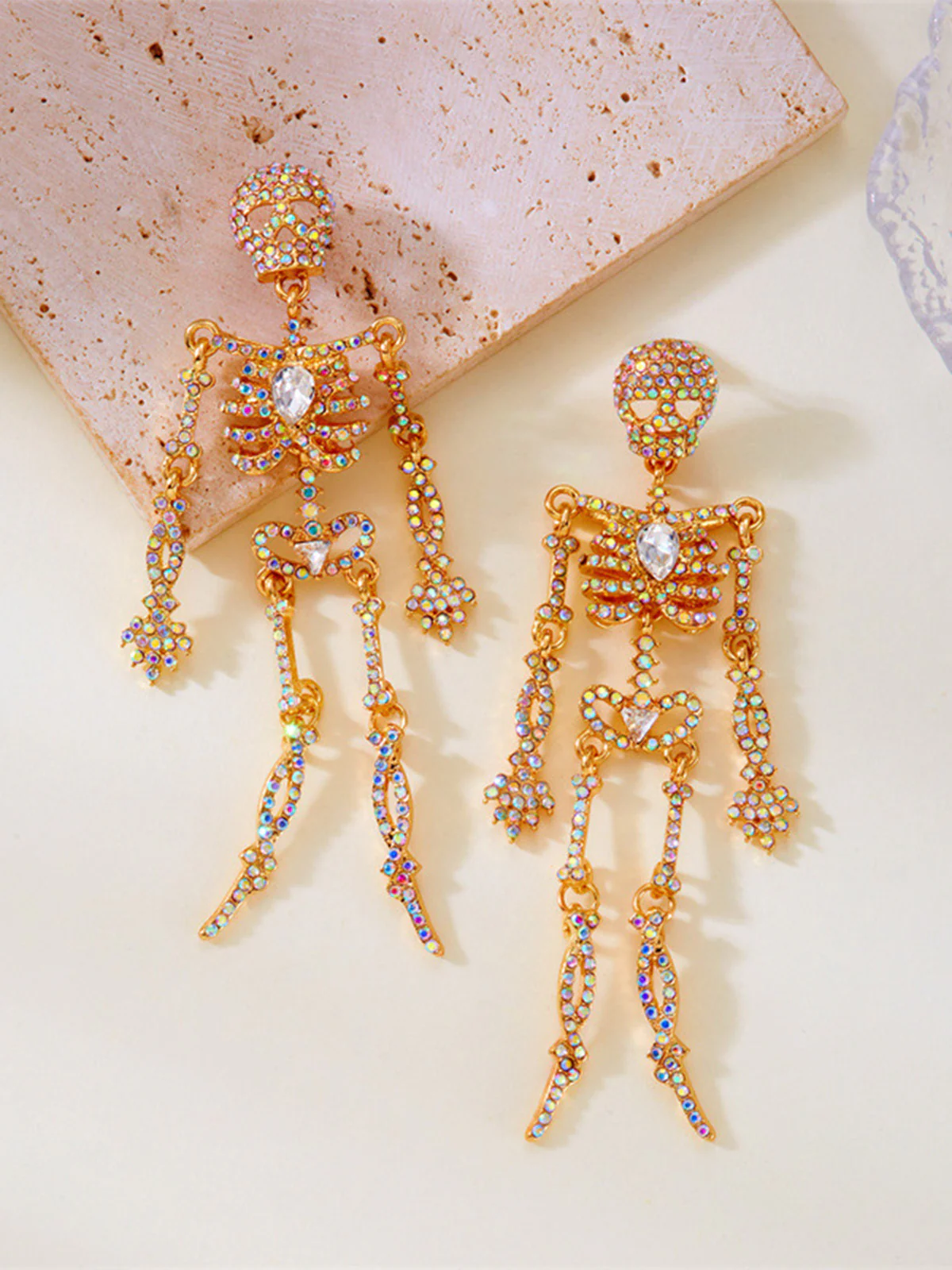 Gold Crystal Skeleton Drop Earrings - Image 4