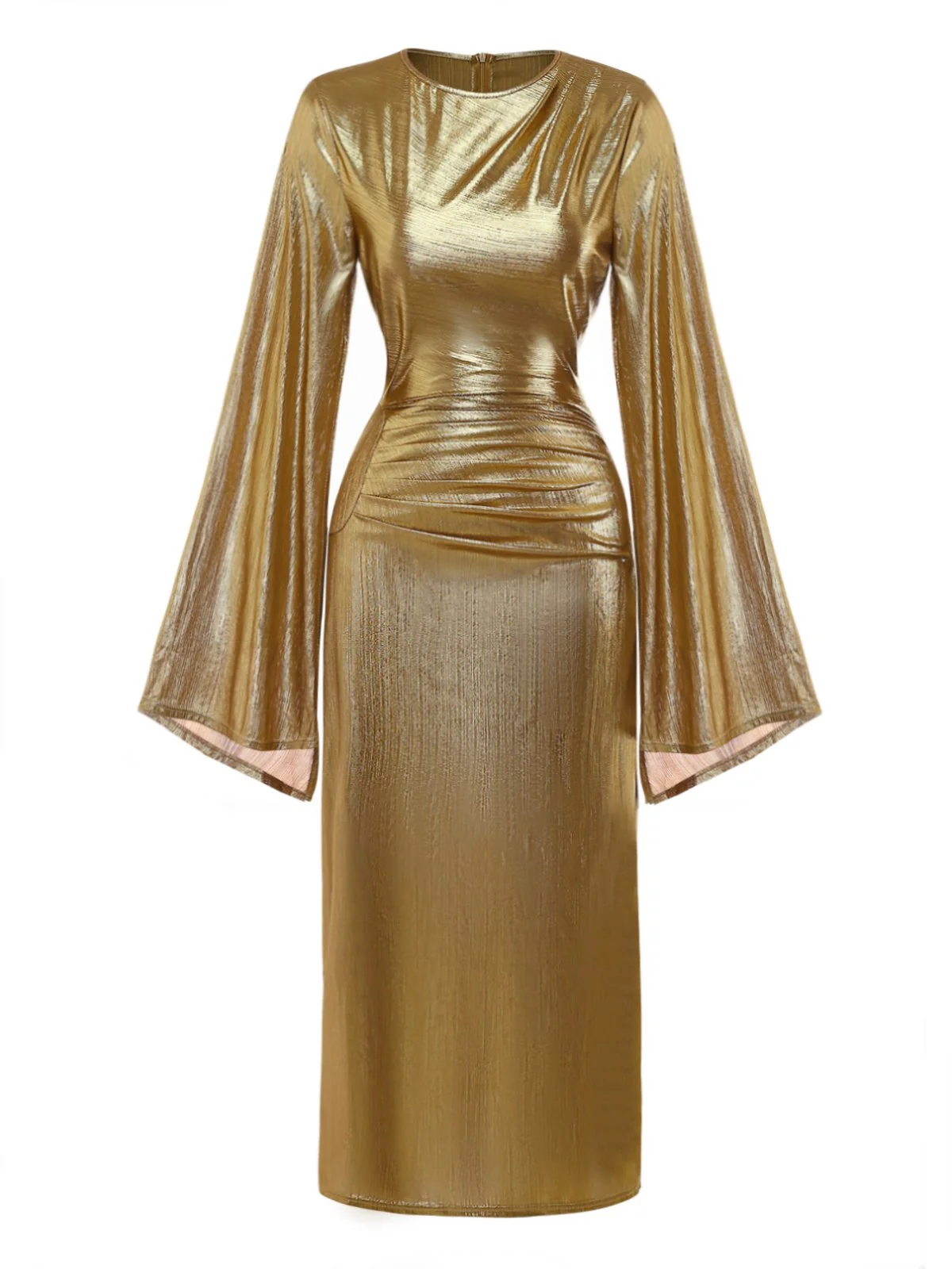 Gold Foil 1970s Batwing Sleeve Waist Ruched Dress - Image 2