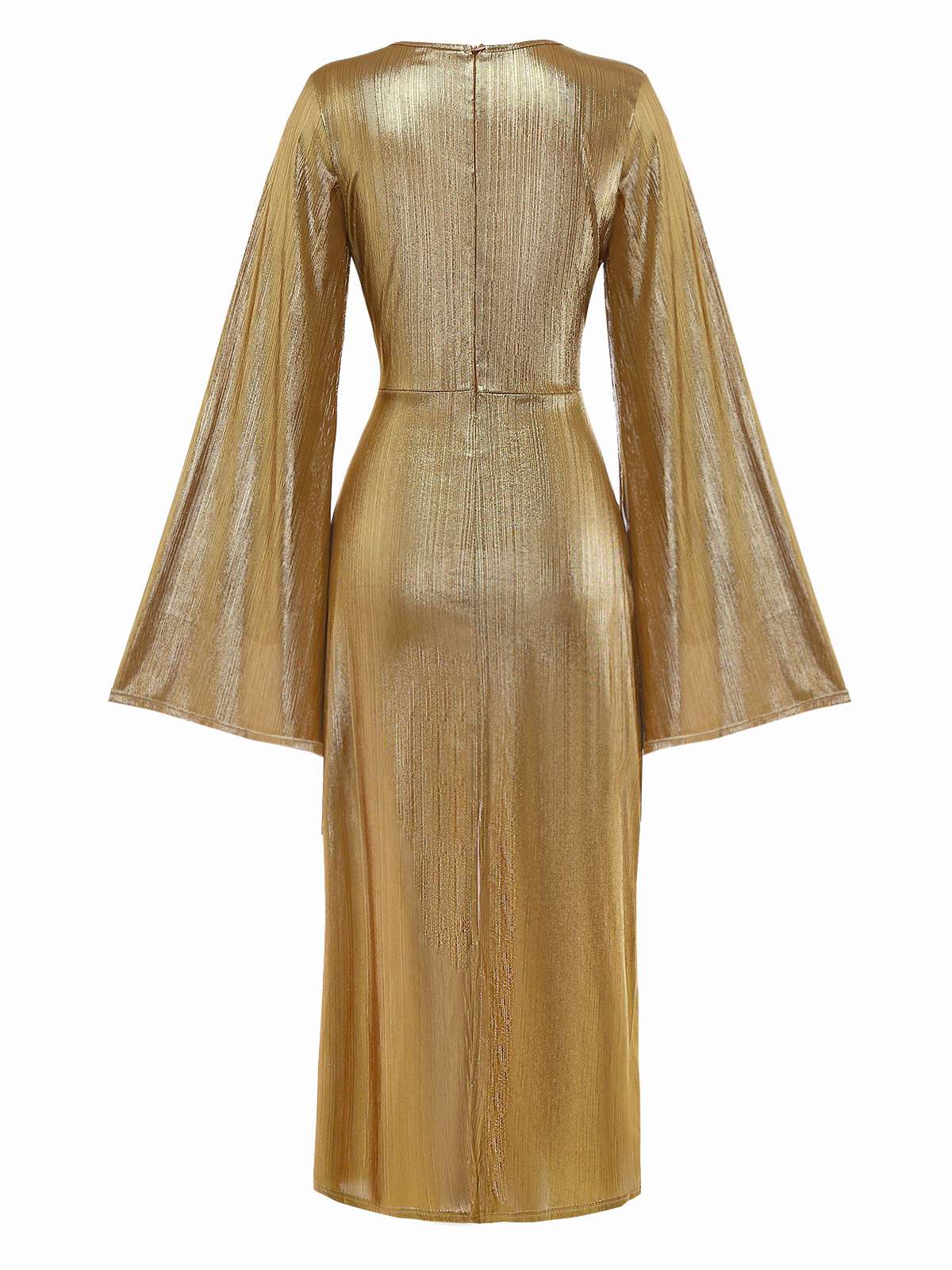 Gold Foil 1970s Batwing Sleeve Waist Ruched Dress - Image 3