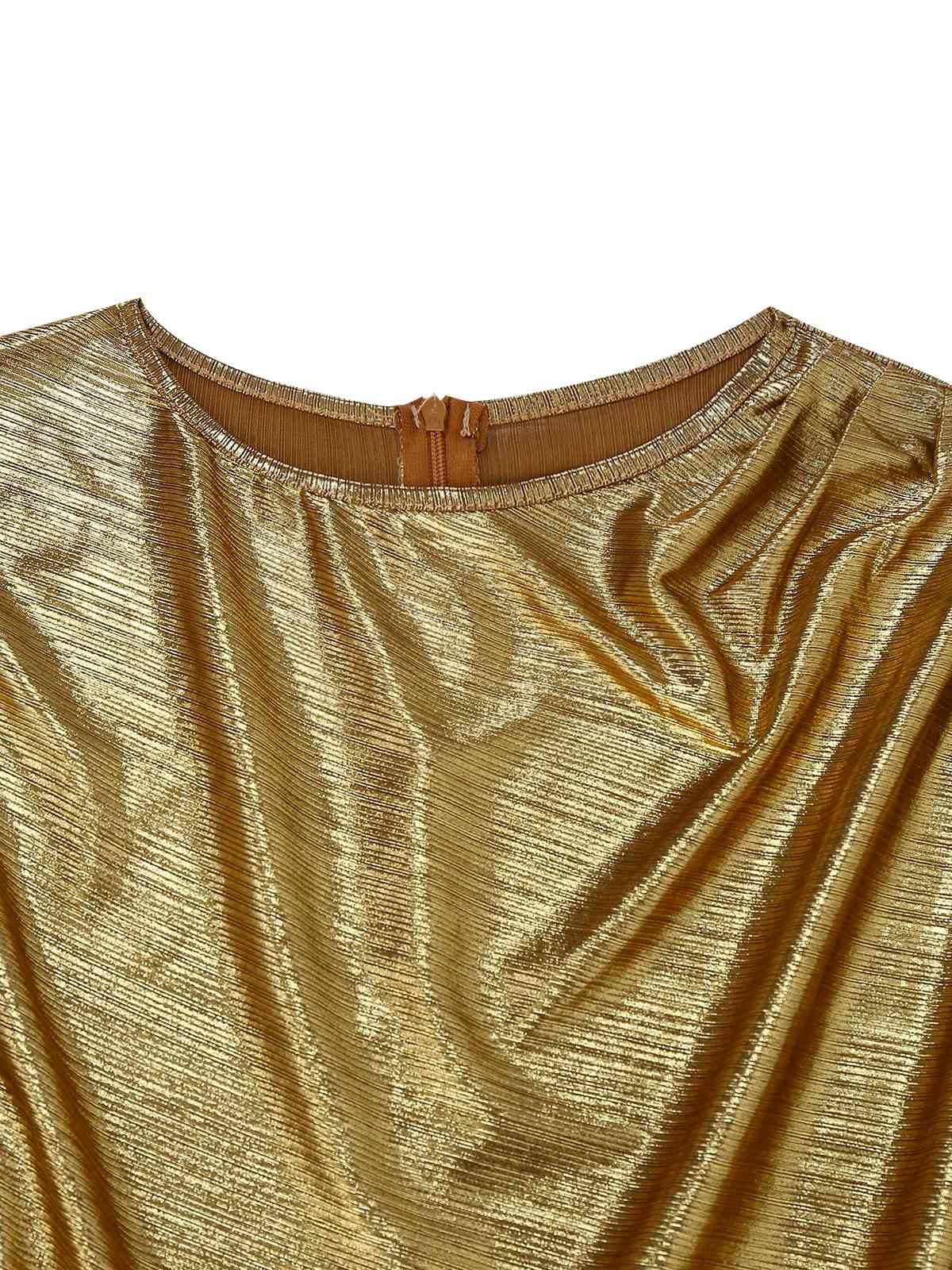 Gold Foil 1970s Batwing Sleeve Waist Ruched Dress - Image 4