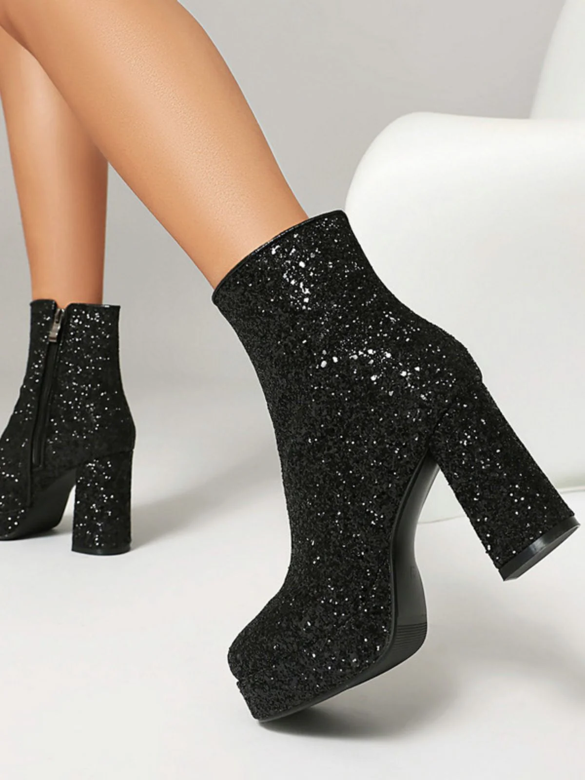 Gold Glitter Platform Ankle Block Heel Boots - Image 9