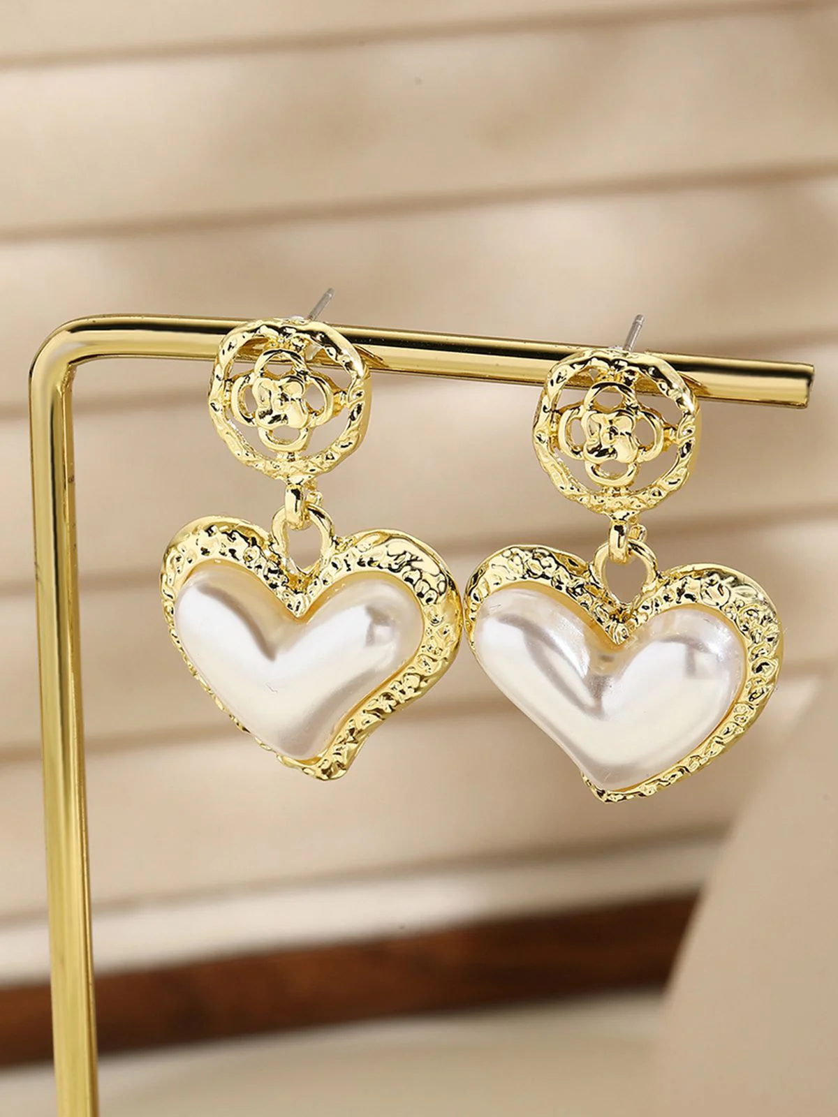 Gold Heart Pearl Drop Earrings - Image 2