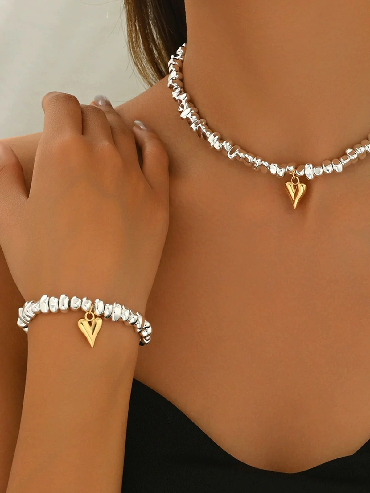 Gold Heart Pendant Necklace & Bracelet Set - Image 3