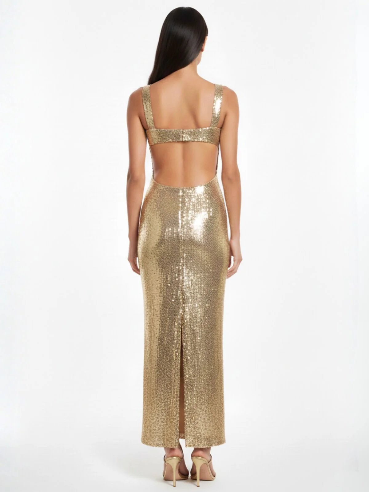 Gold Sequined Backless Evening Maxi Dress - Image 2