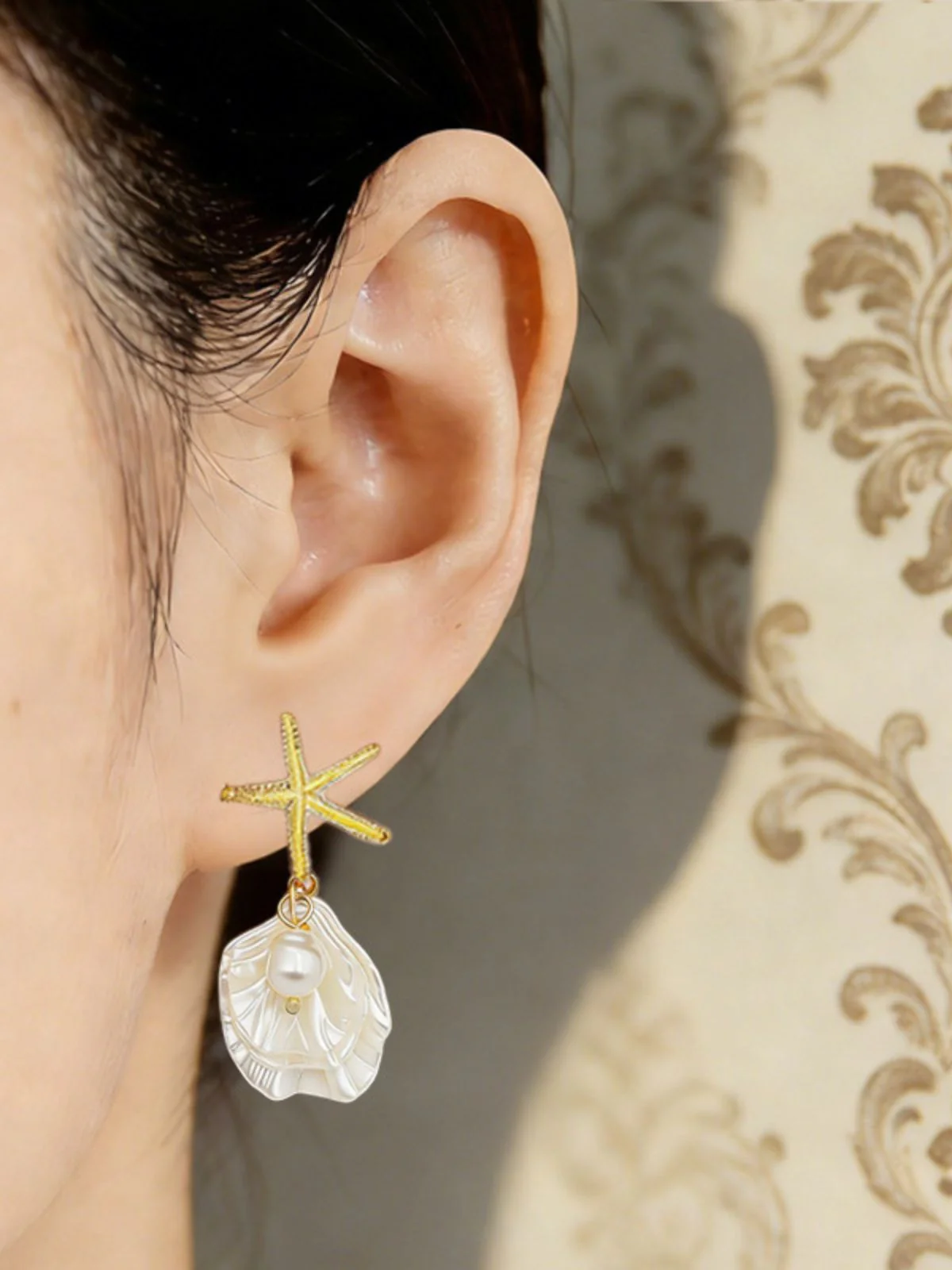 Gold Starfish Shell Pearl Drop Earrings - Image 2