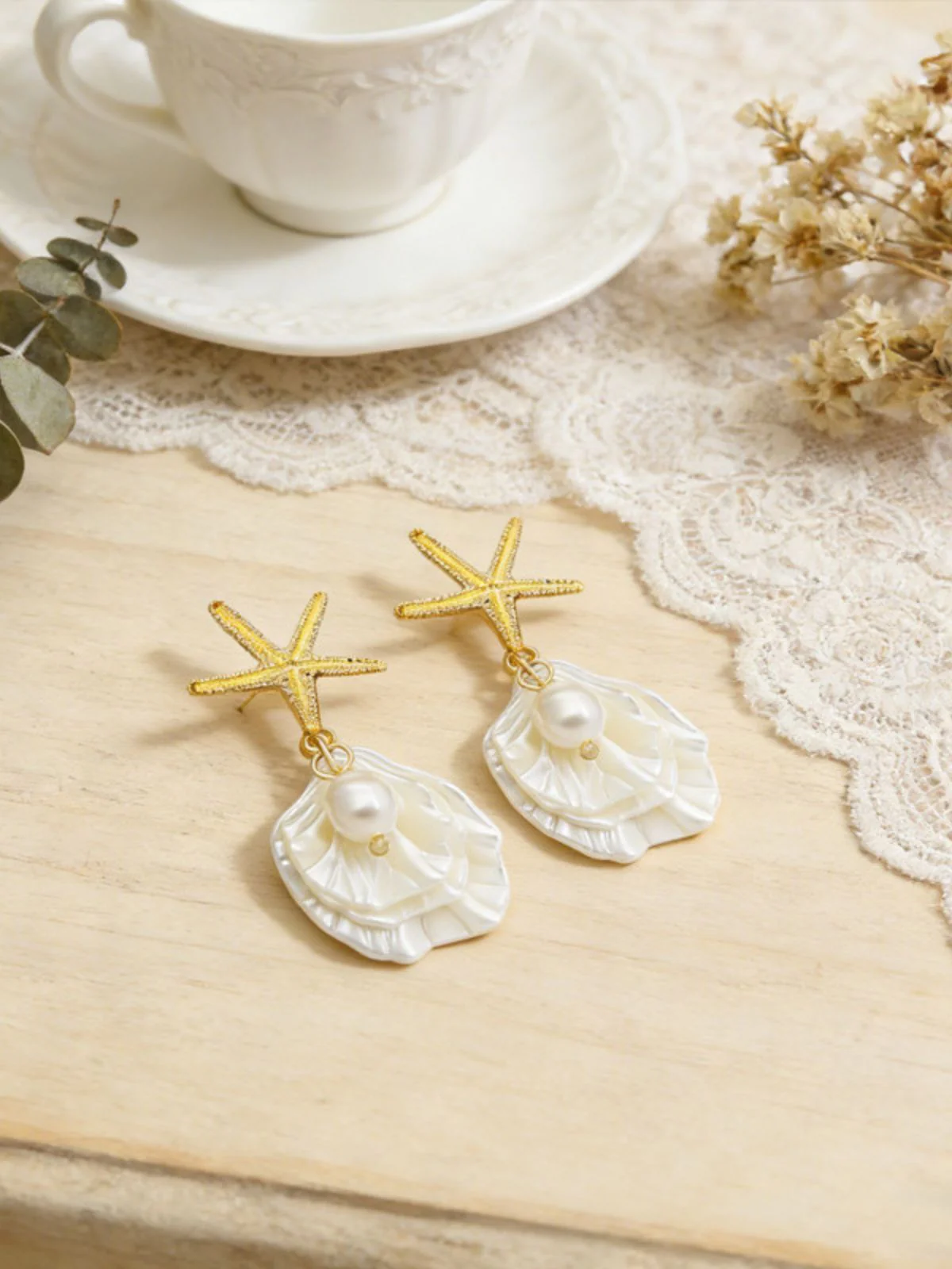 Gold Starfish Shell Pearl Drop Earrings - Image 3