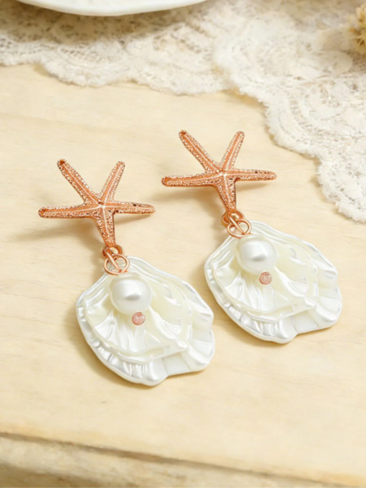 Gold Starfish Shell Pearl Drop Earrings - Image 5