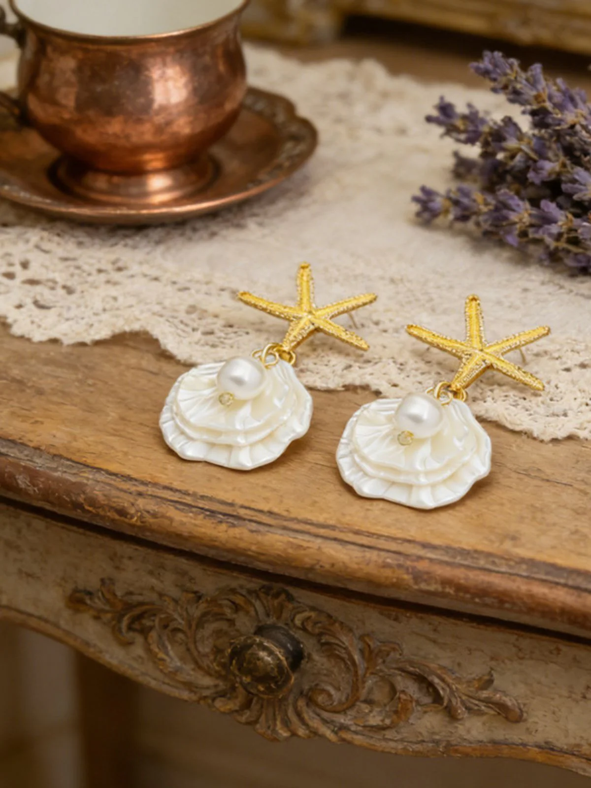 Gold Starfish Shell Pearl Drop Earrings - Image 6