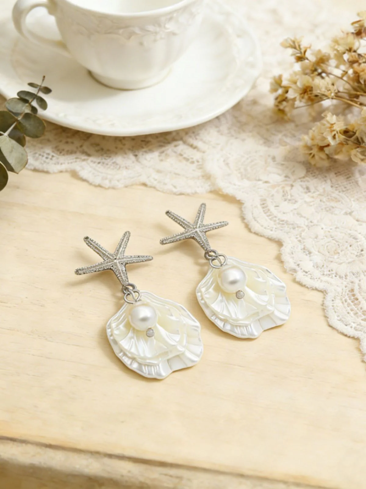 Gold Starfish Shell Pearl Drop Earrings - Image 7