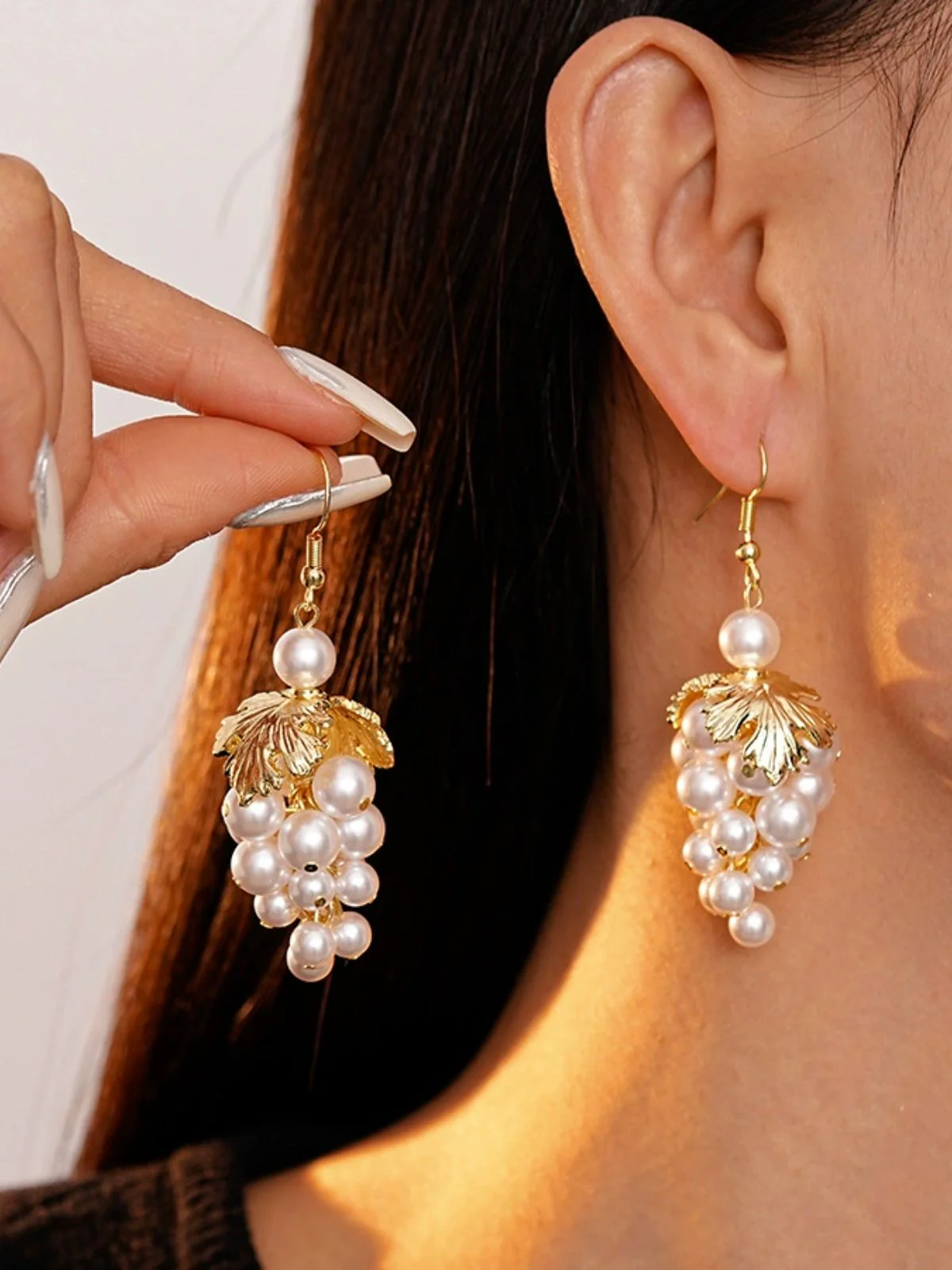 Gold Tassel & Pearl Grape-Shaped Earrings - Image 3