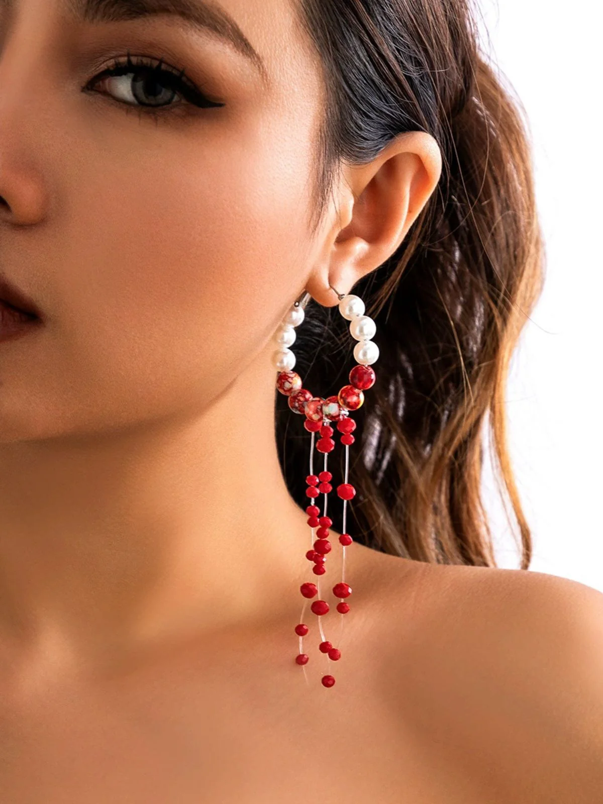 Gothic Blood Pearl Tassel Earrings - Image 2