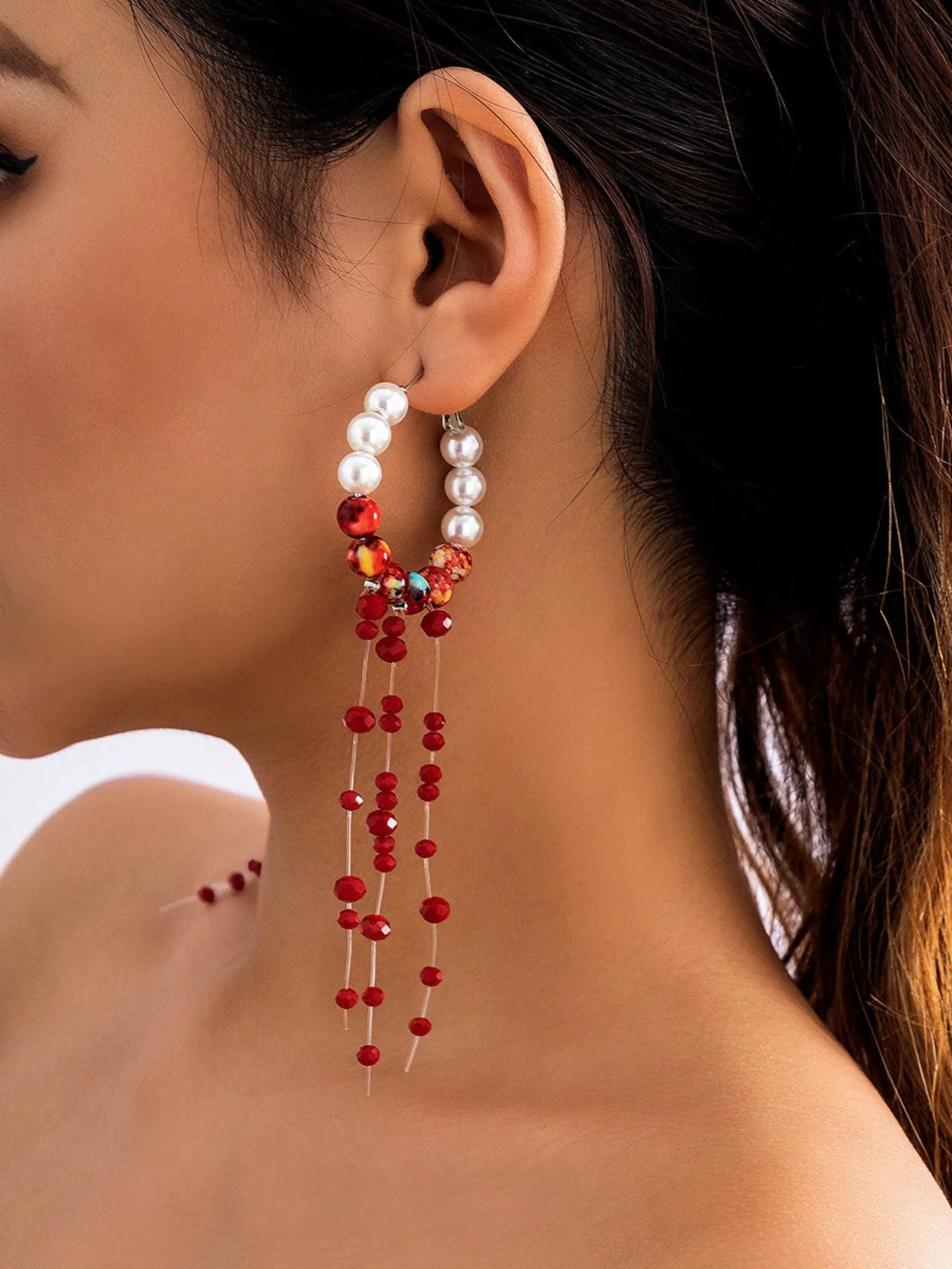 Gothic Blood Pearl Tassel Earrings - Image 3