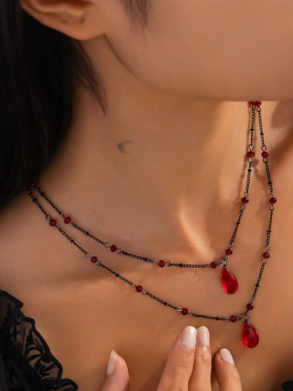Gothic Double Layer Red Crystal Necklace - Image 2