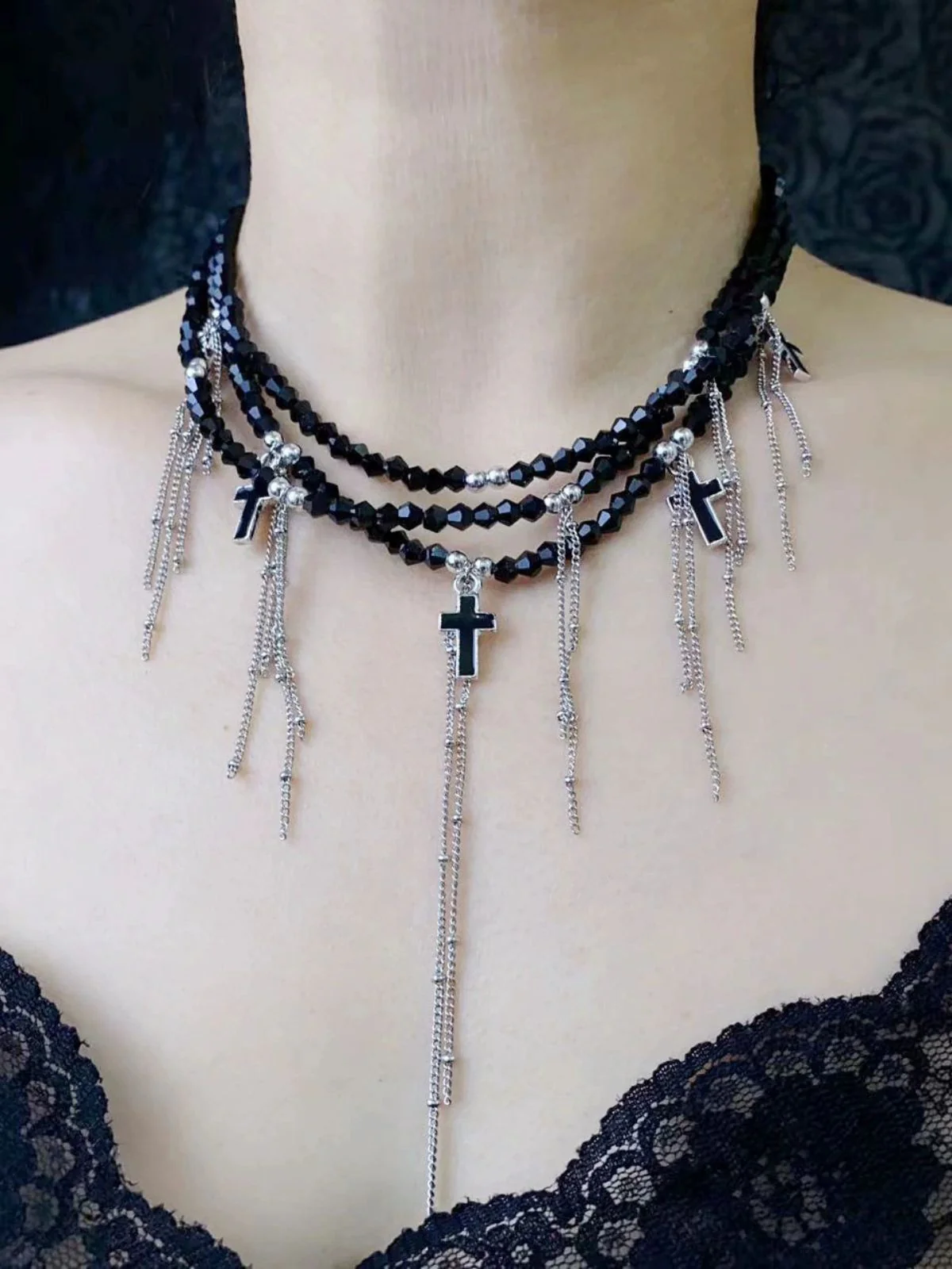 Gothic Fringe Cross Charms Layered Bead Necklace - Image 2