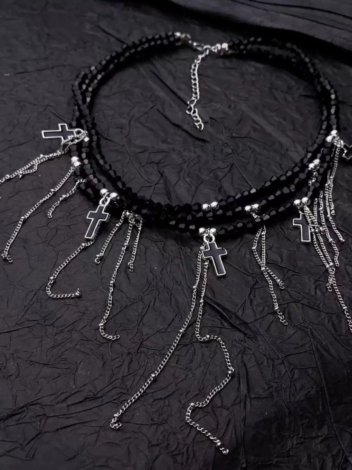 Gothic Fringe Cross Charms Layered Bead Necklace - Image 3