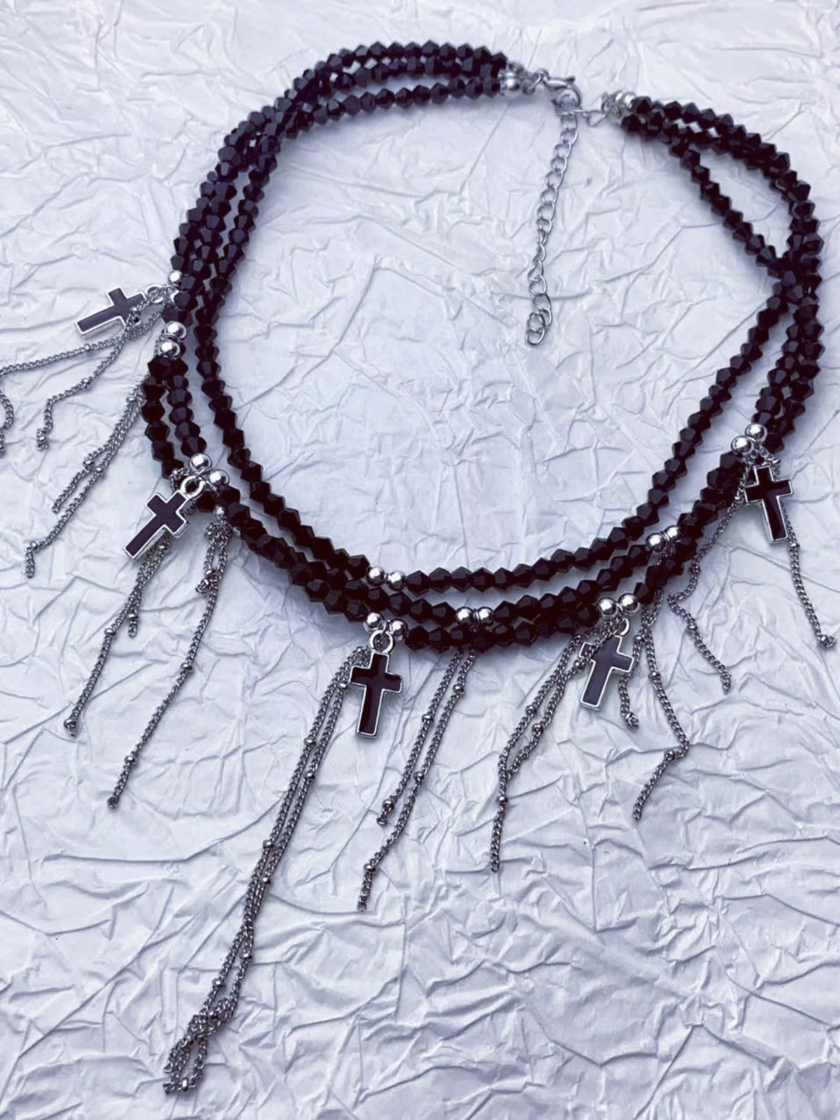 Gothic Fringe Cross Charms Layered Bead Necklace - Image 4
