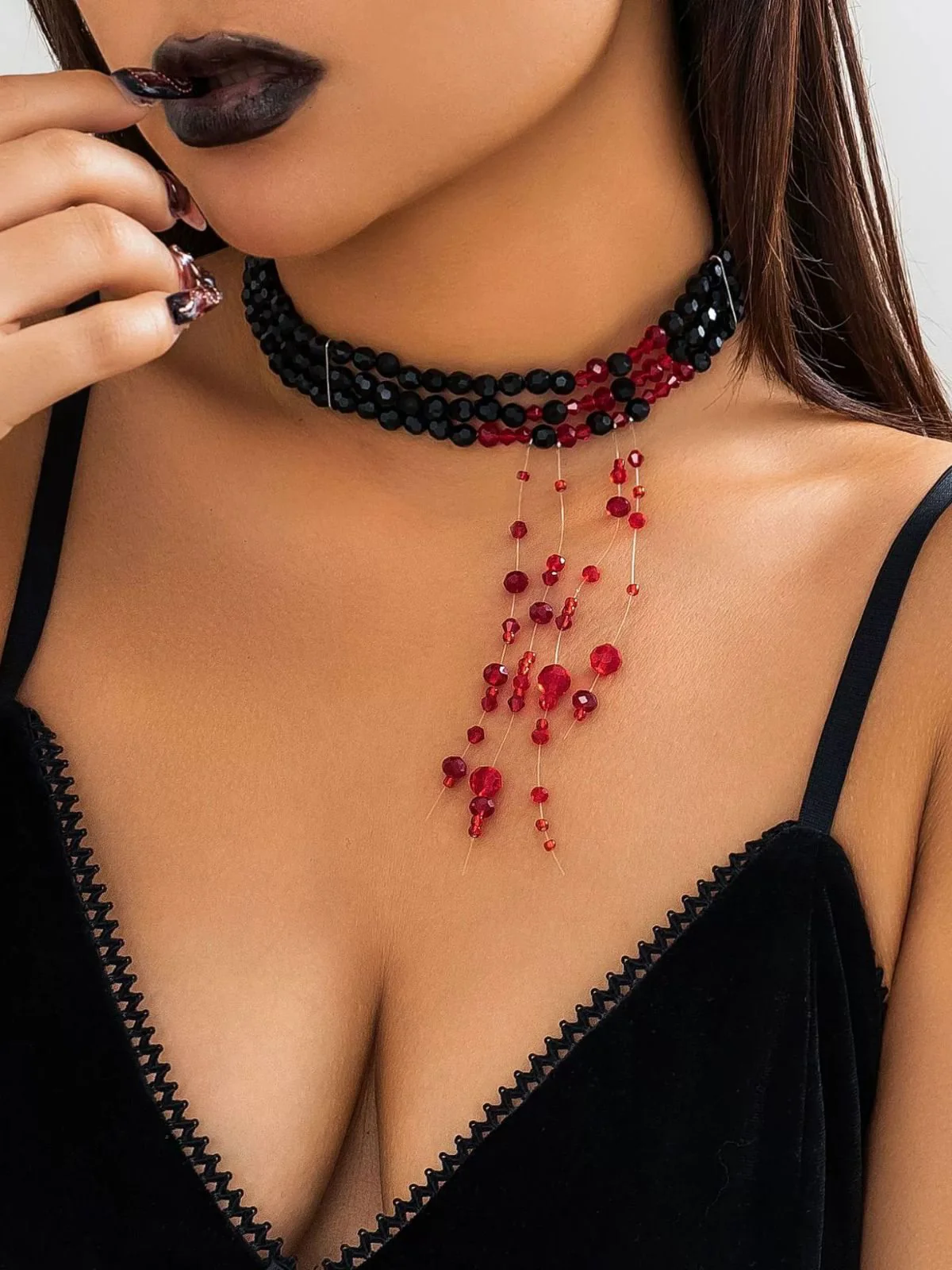 Gothic Multi-Layered Beaded Blooddrop Pendant Necklace - Image 2