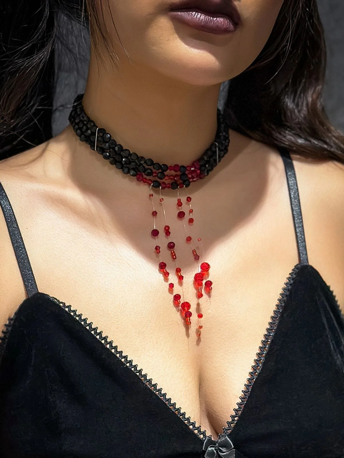 Gothic Multi-Layered Beaded Blooddrop Pendant Necklace - Image 3