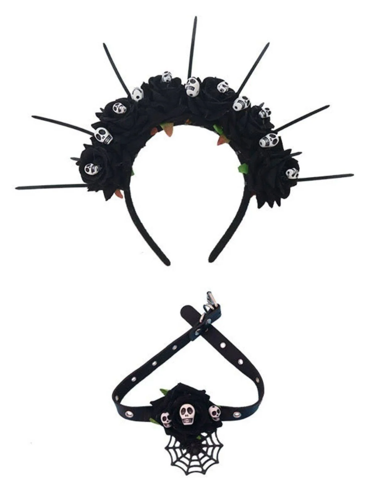 Gothic Skull Rose Halloween Headband & Necklace - Image 2