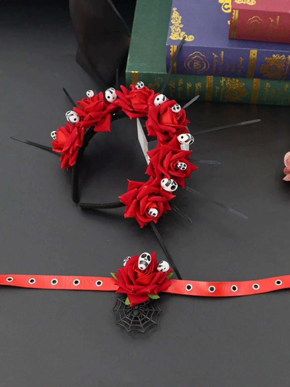 Gothic Skull Rose Halloween Headband & Necklace - Image 3