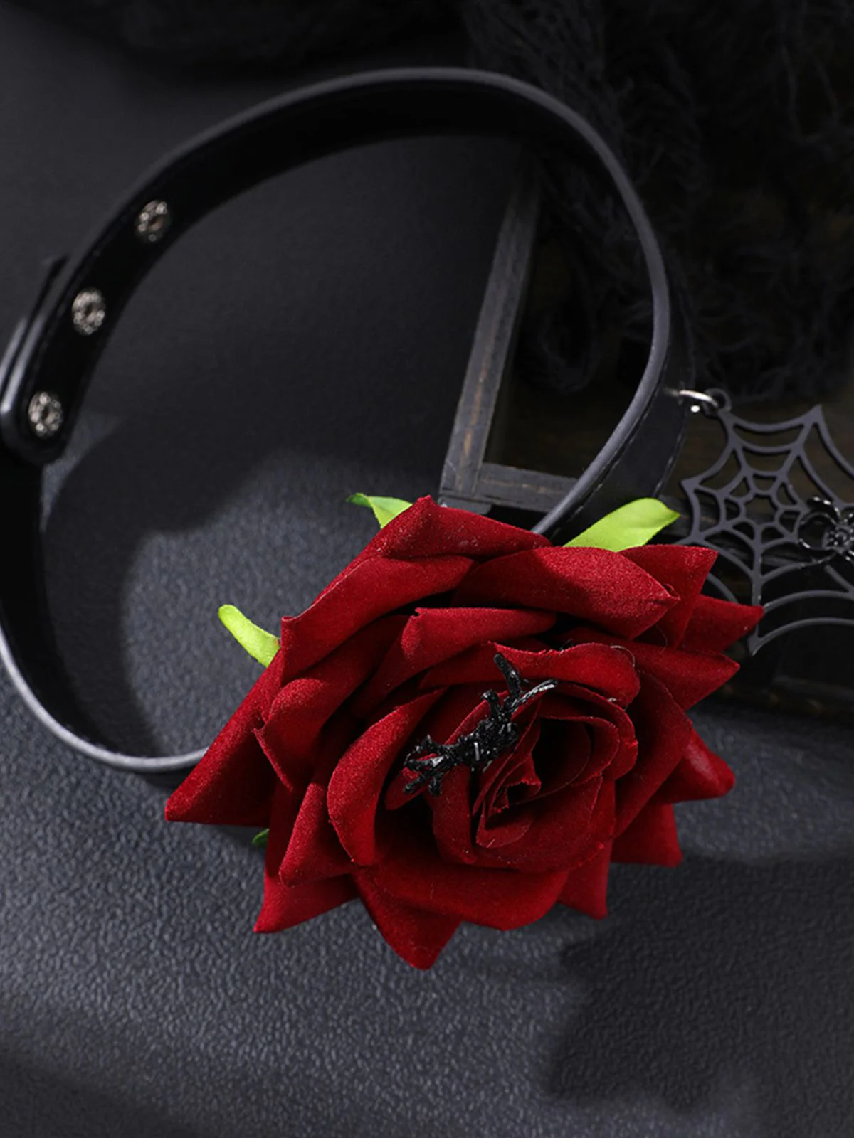 Gothic Spider Web & Rose Choker Collar Necklace - Image 3