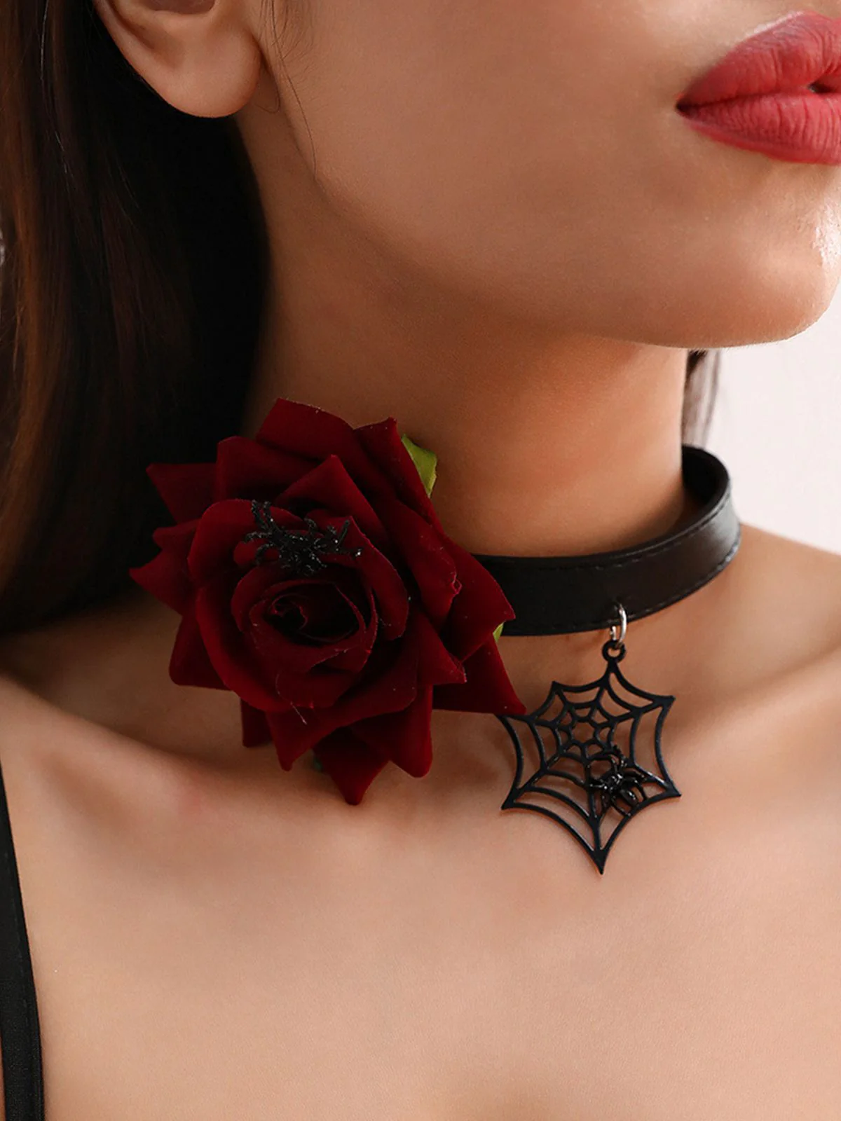 Gothic Spider Web & Rose Choker Collar Necklace - Image 5