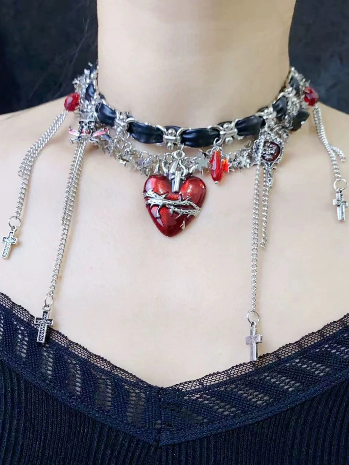 Gothic Thorns Heart Leather Cross Tassel Choker - Image 3