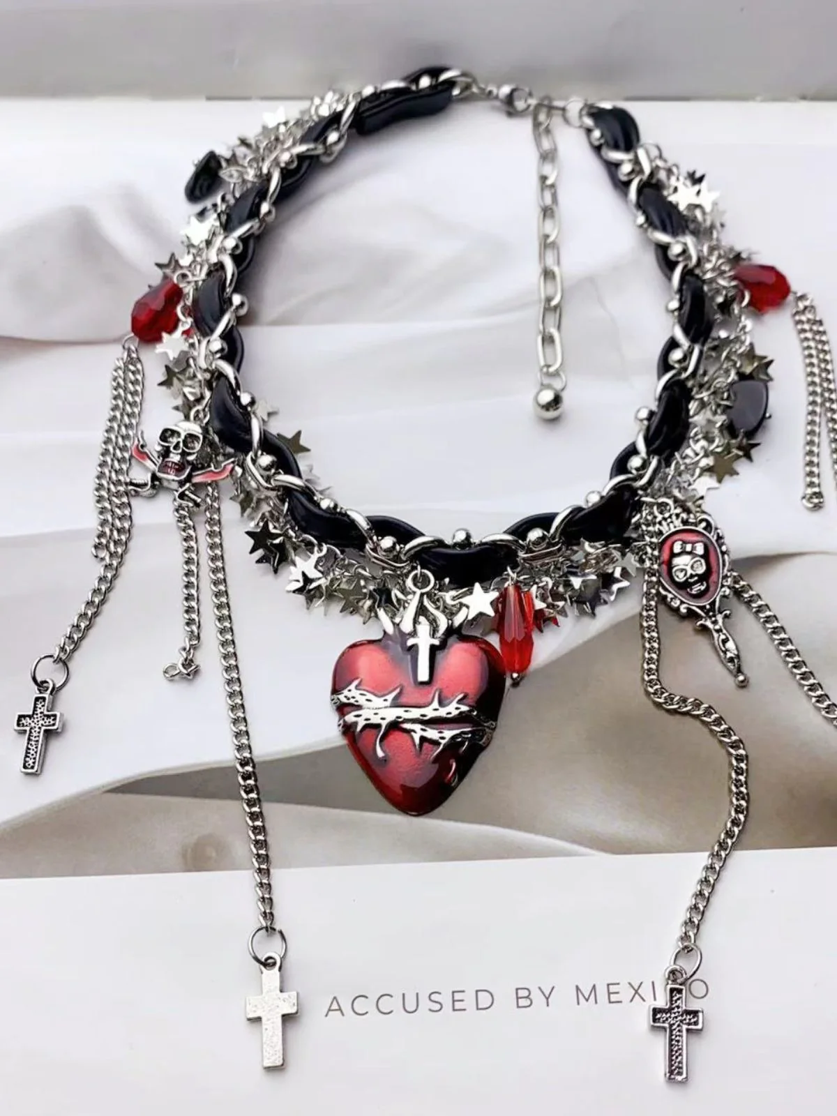 Gothic Thorns Heart Leather Cross Tassel Choker - Image 5
