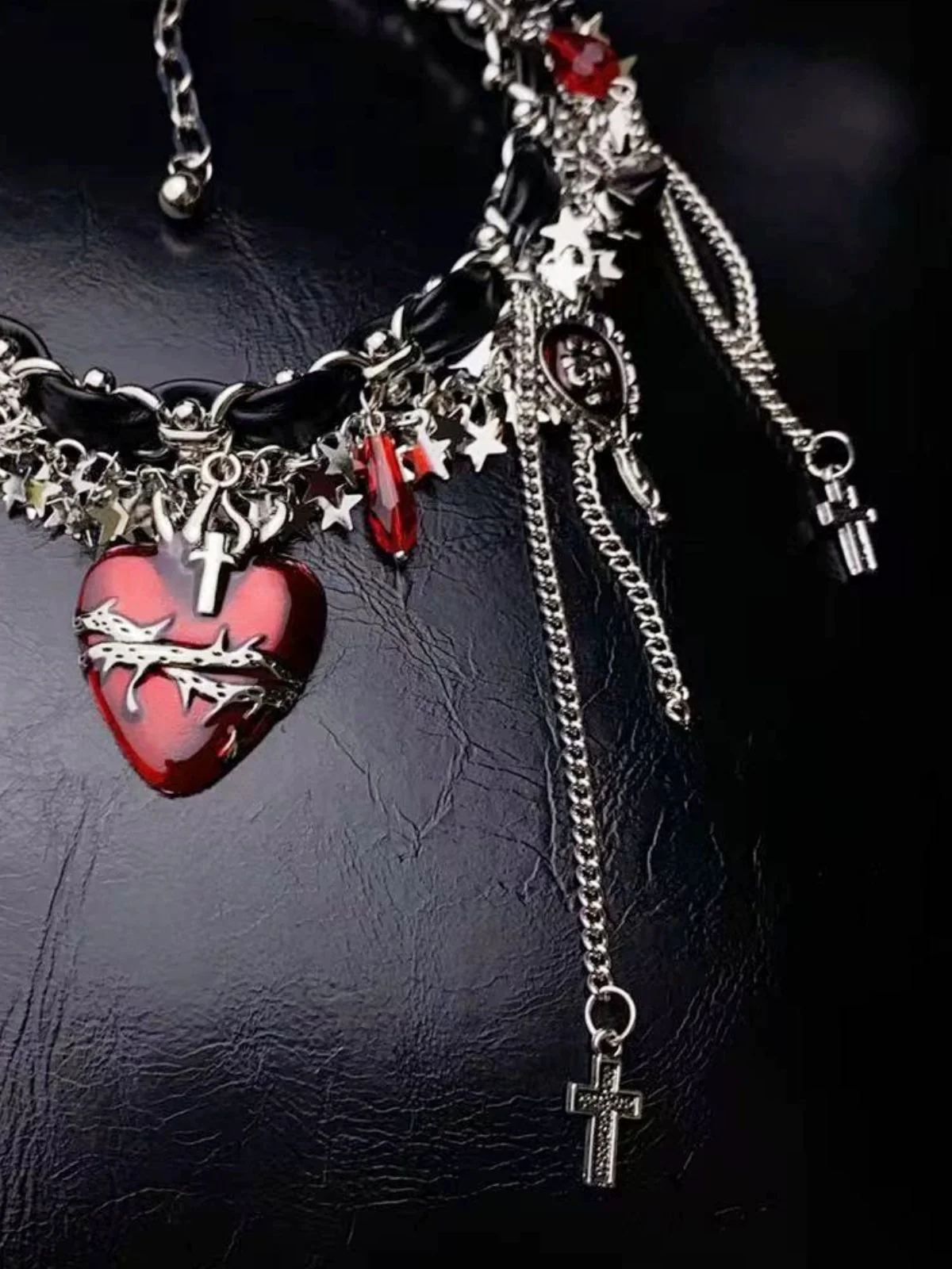 Gothic Thorns Heart Leather Cross Tassel Choker - Image 6