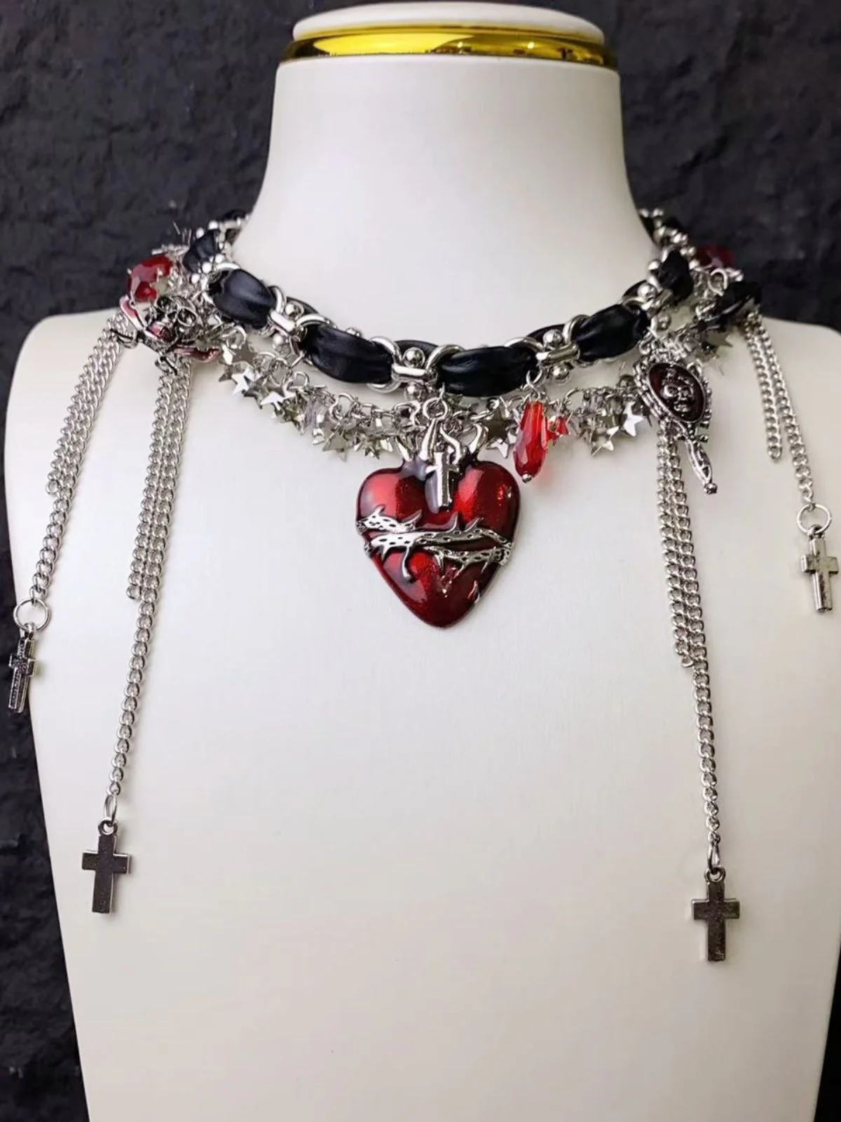 Gothic Thorns Heart Leather Cross Tassel Choker - Image 8