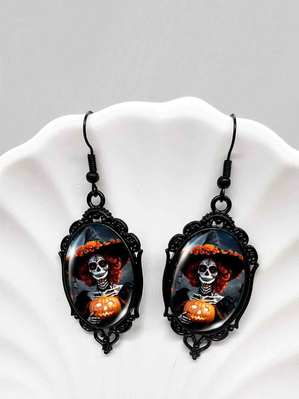 Gothic Witch Bats Skull Halloween Drop Earrings - Image 2
