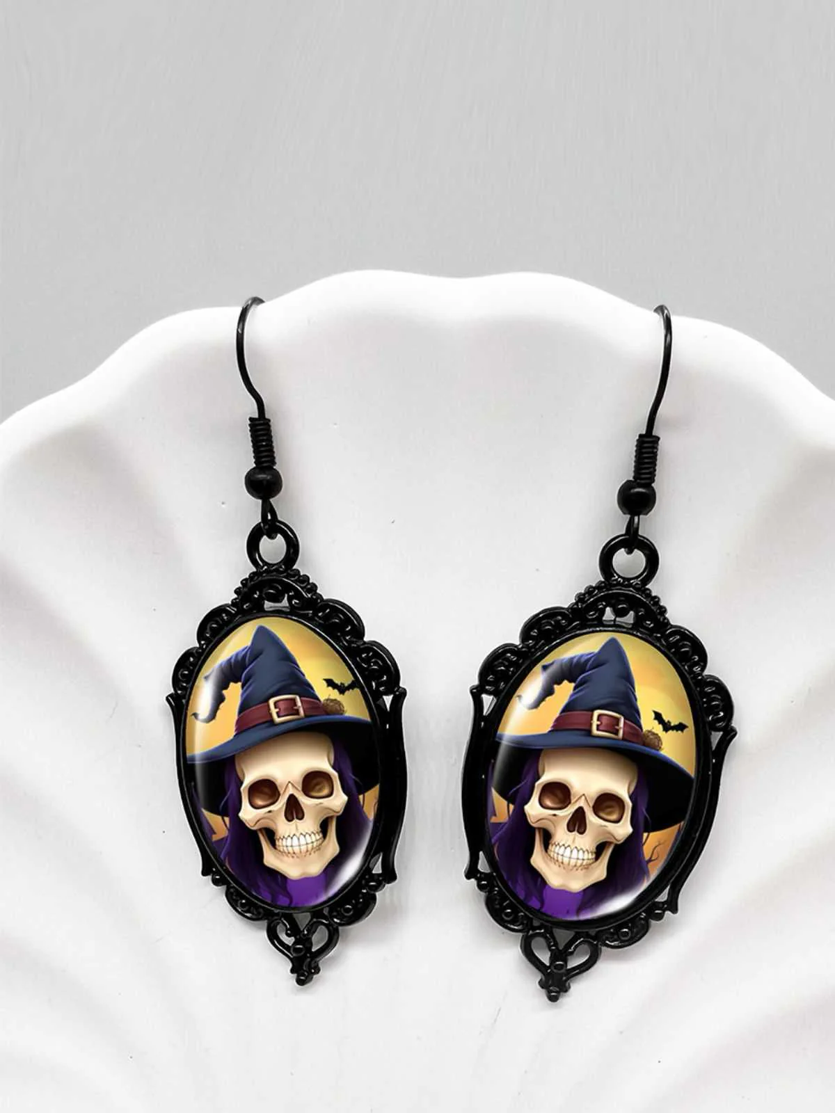 Gothic Witch Bats Skull Halloween Drop Earrings - Image 3