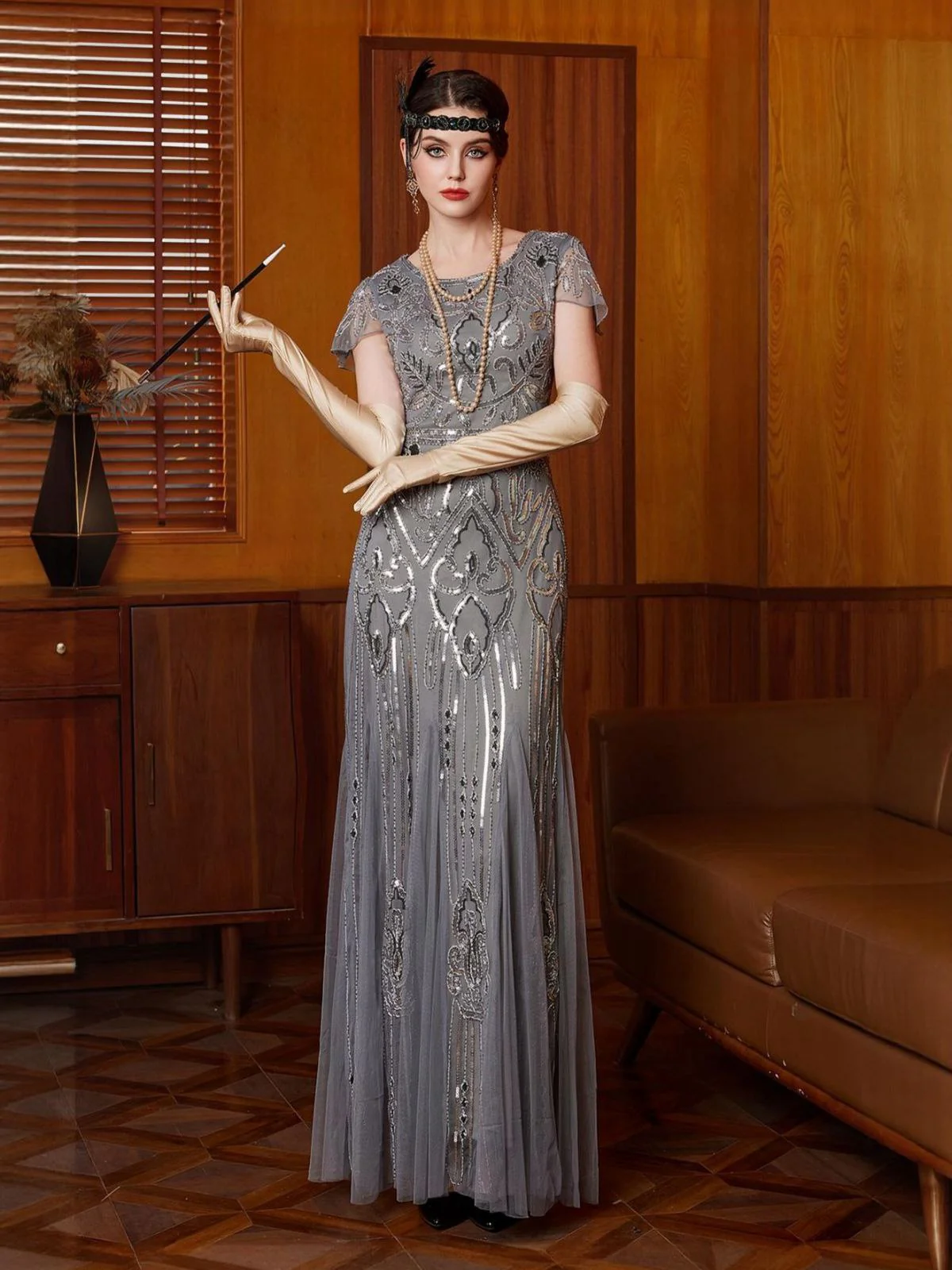 Gray 1920s Sequined Tulle Cap Sleeve Round Neck Dress - Image 2