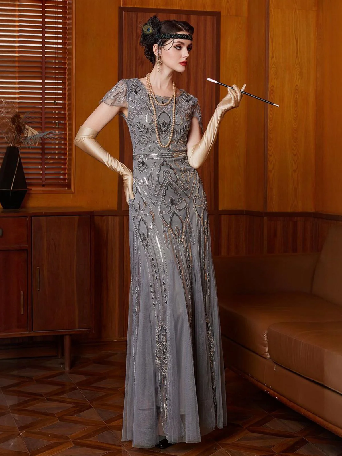 Gray 1920s Sequined Tulle Cap Sleeve Round Neck Dress - Image 3