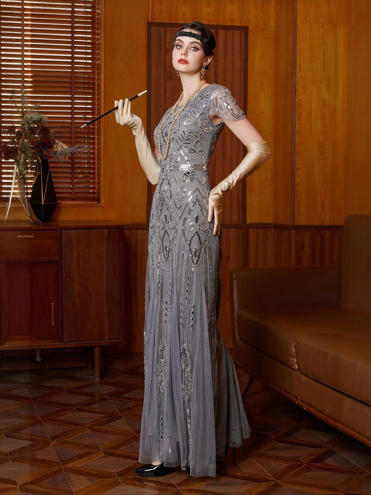 Gray 1920s Sequined Tulle Cap Sleeve Round Neck Dress - Image 4