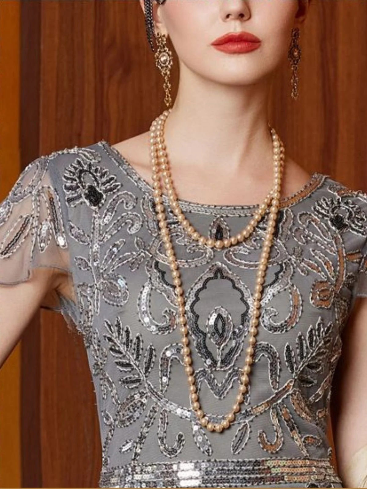 Gray 1920s Sequined Tulle Cap Sleeve Round Neck Dress - Image 6