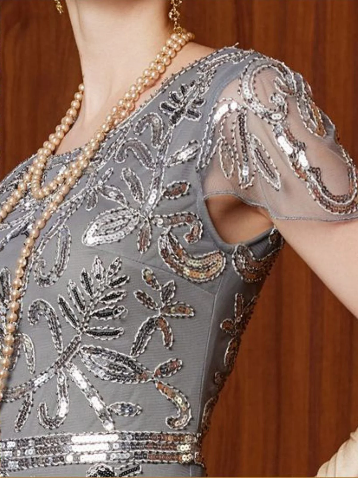 Gray 1920s Sequined Tulle Cap Sleeve Round Neck Dress - Image 7