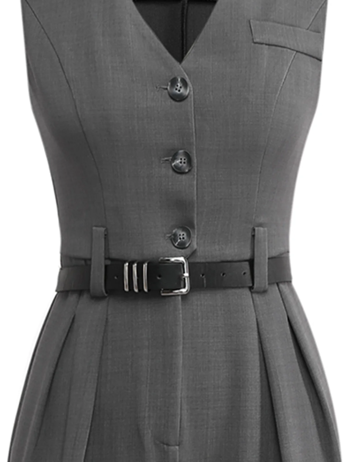 Gray 1930s Solid Sleeeless Office Belted Jumpsuit - Image 3