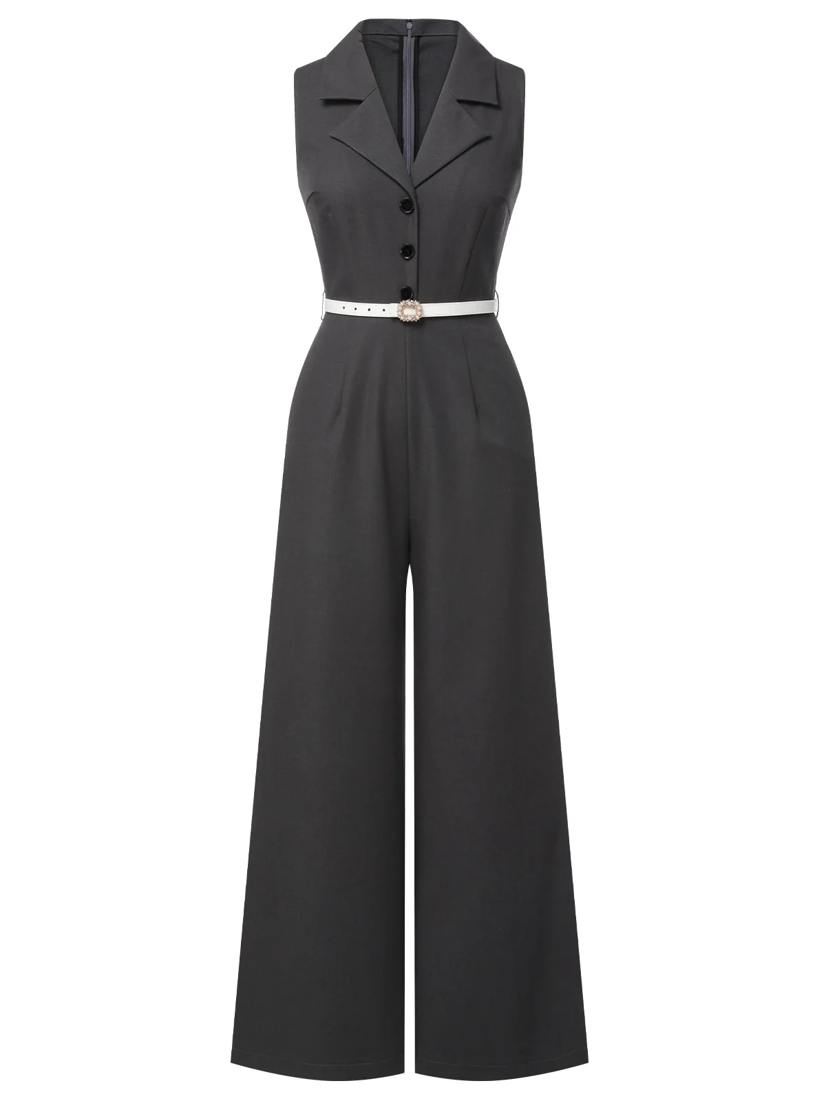 Gray 1940s V-Neck Lapel Lace-Patchwork Jumpsuit - Image 2