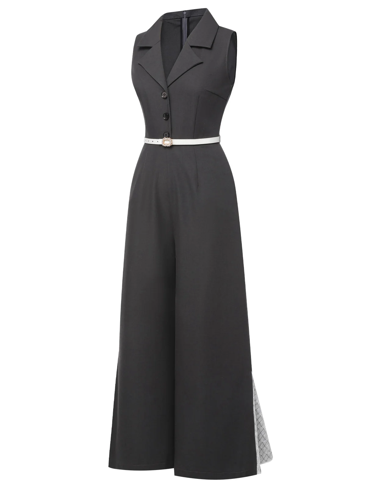 Gray 1940s V-Neck Lapel Lace-Patchwork Jumpsuit - Image 3