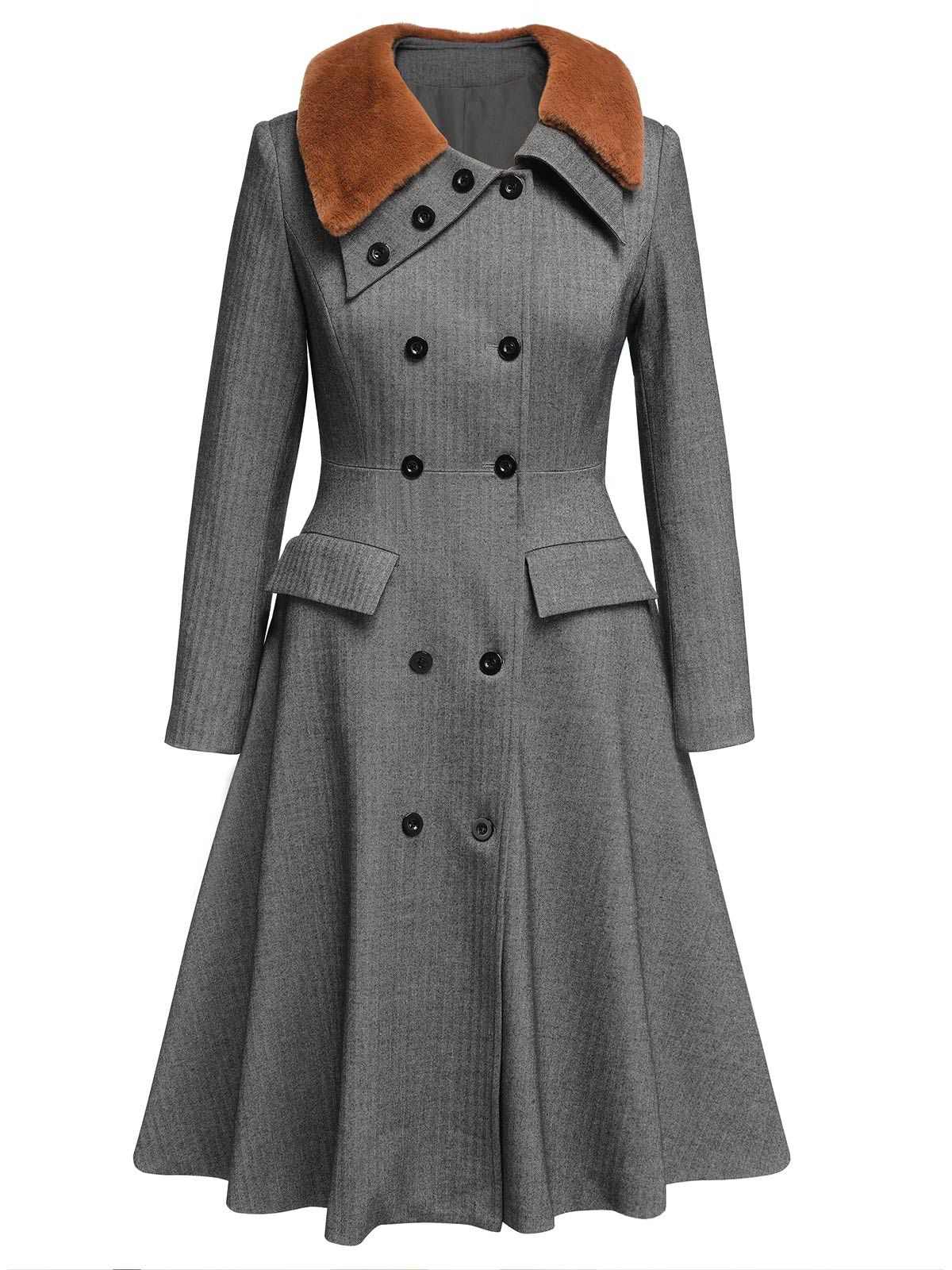 Gray 1930s Faux Fur Lapel Collar Coat - Image 2