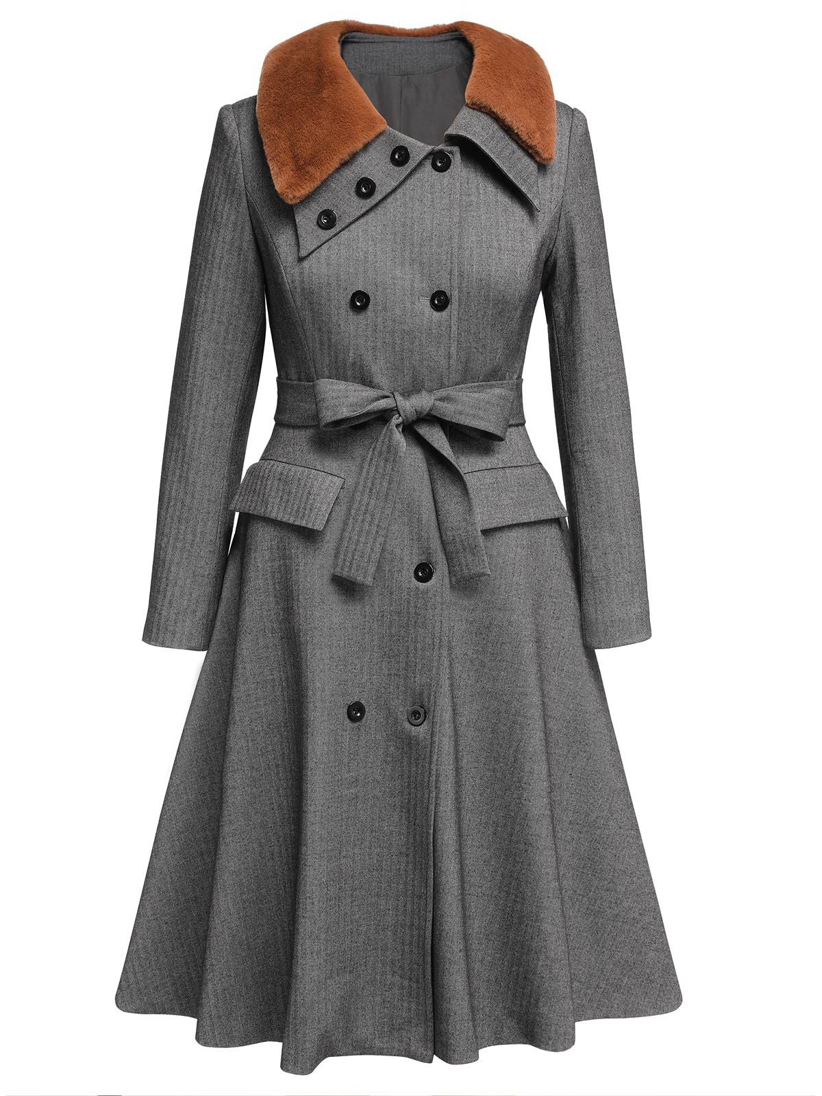 Gray 1930s Faux Fur Lapel Collar Coat - Image 3